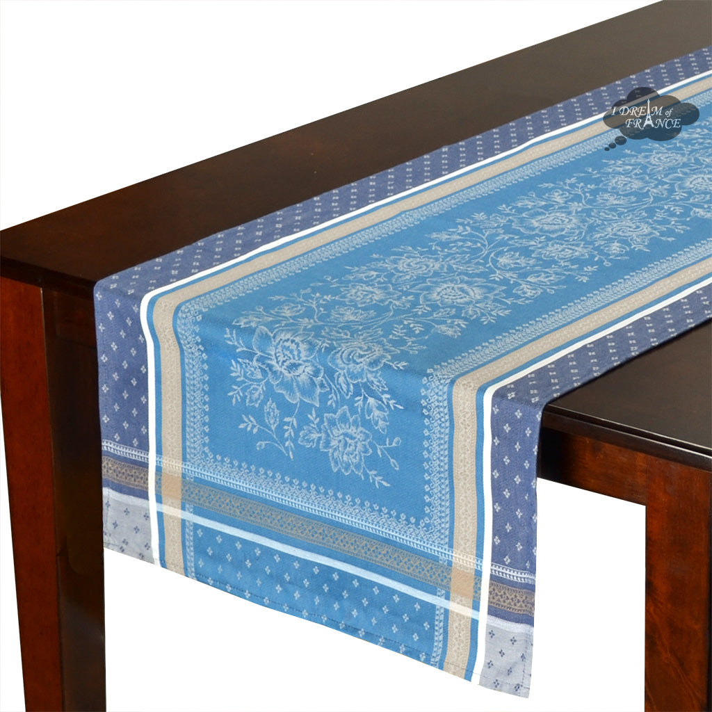20x64 Massilia Azure Jacquard Cotton French Table Runner by Marat d'Avignon - Elegant Dining Decor for Weddings, Parties & Formal Events