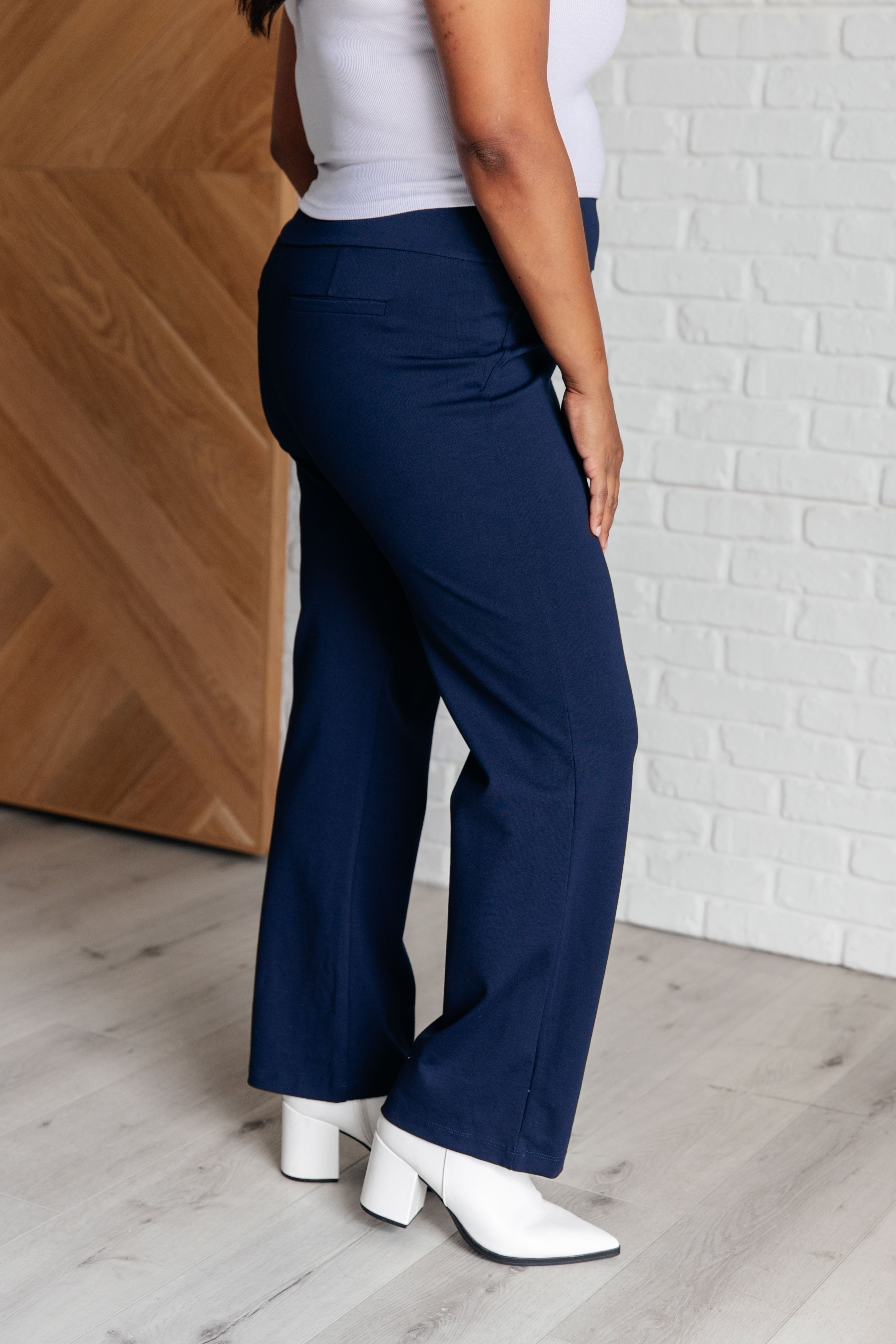 Magic Straight Leg Pants for Women - Navy Blue High Waisted Trousers | Comfortable Office Pants & Casual Wear for Work & Everyday Outfits