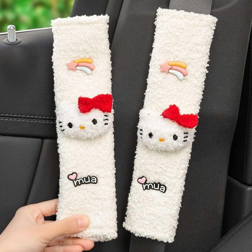 Cute Anime Cat Car Seat Belt Cover - 2-Piece Set for Neck Protection & Comfort - Kawaii Car Accessories for Women - Perfect for Long Drives & Road Trips (White Cat Design)