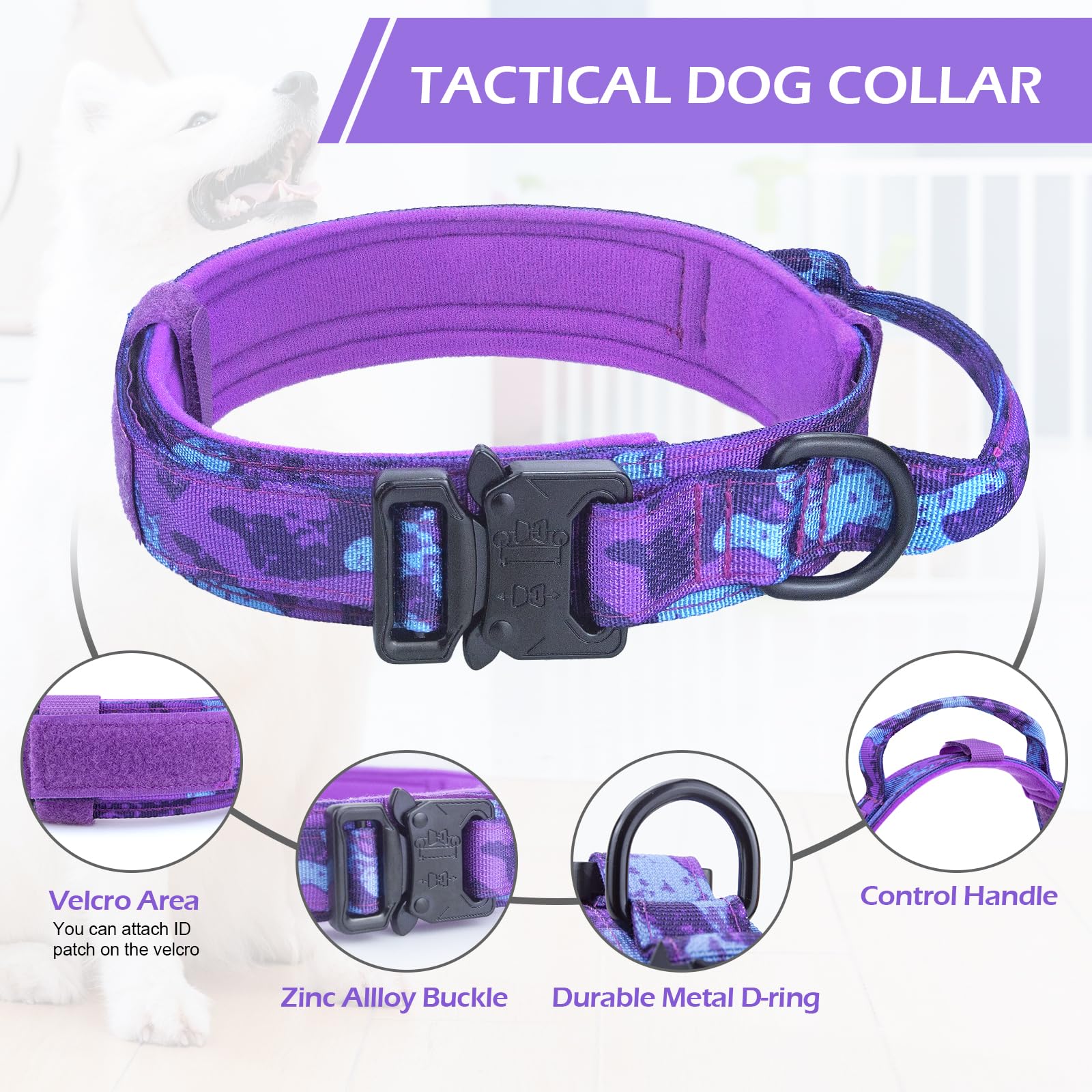 Tactical Dog Collar & Bungee Leash Set - Military Camo Adjustable K9 Collar with Heavy Duty Metal Buckle for Large Dogs | Durable Training Gear for Hiking, Running & Outdoor Adventures