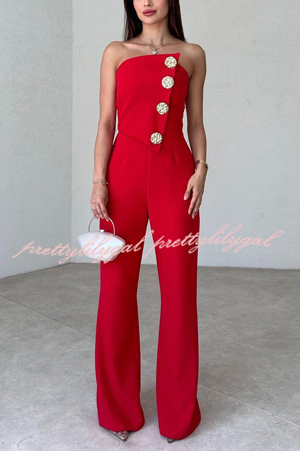 Solid Color Sexy Tube Top Gold Button Embellished Bootcut Jumpsuit for Women | Elegant One-Piece Romper with Metallic Accents | Perfect for Night Out, Party & Special Occasions