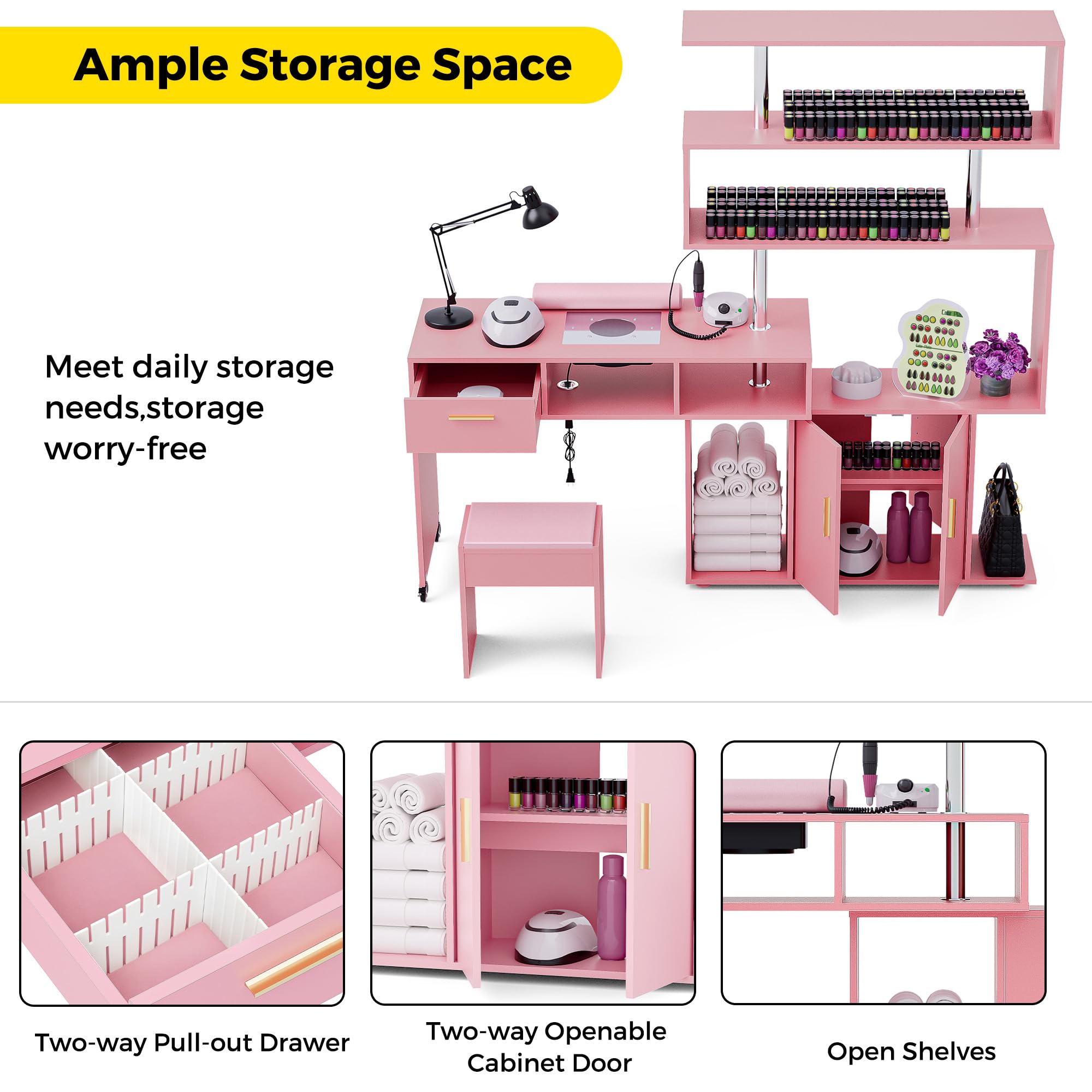 Professional L-Shaped Nail Tech Desk with Dust Collector - Manicure Table with Stool, 2-Way Drawers, Storage Cabinet & Shelves, Mobile Rotating Workstation for Salon & Home Use (Pink) - Perfect for Nail Artists, Beauty Technicians & DIY Enthusiasts