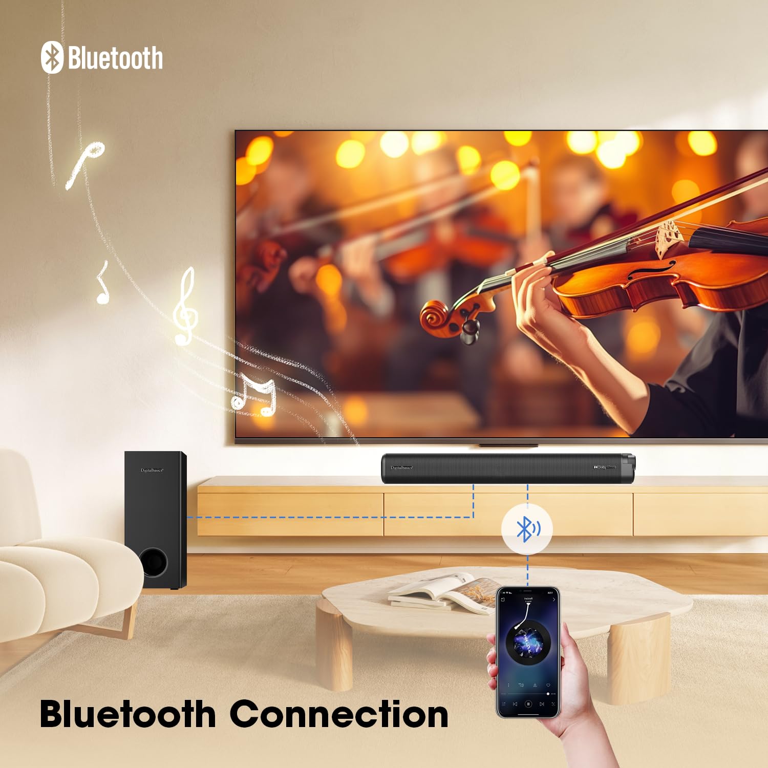 2.1CH Dolby Atmos Soundbar with Wireless Subwoofer - 120W Powerful Bass, Bluetooth 5.3, Optical/AUX Inputs - Perfect for Home Theater, Gaming & Movie Nights