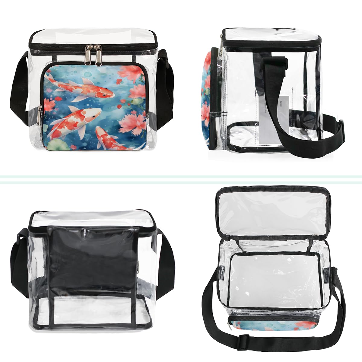 GzLeyigou Transparent Tote Bag with Red Koi Fish Design - Waterproof Clear Crossbody Shoulder Bag for Lunch, Beach, Picnic, Travel, Concerts & Sports Events | Stadium Approved Multipurpose Carryall
