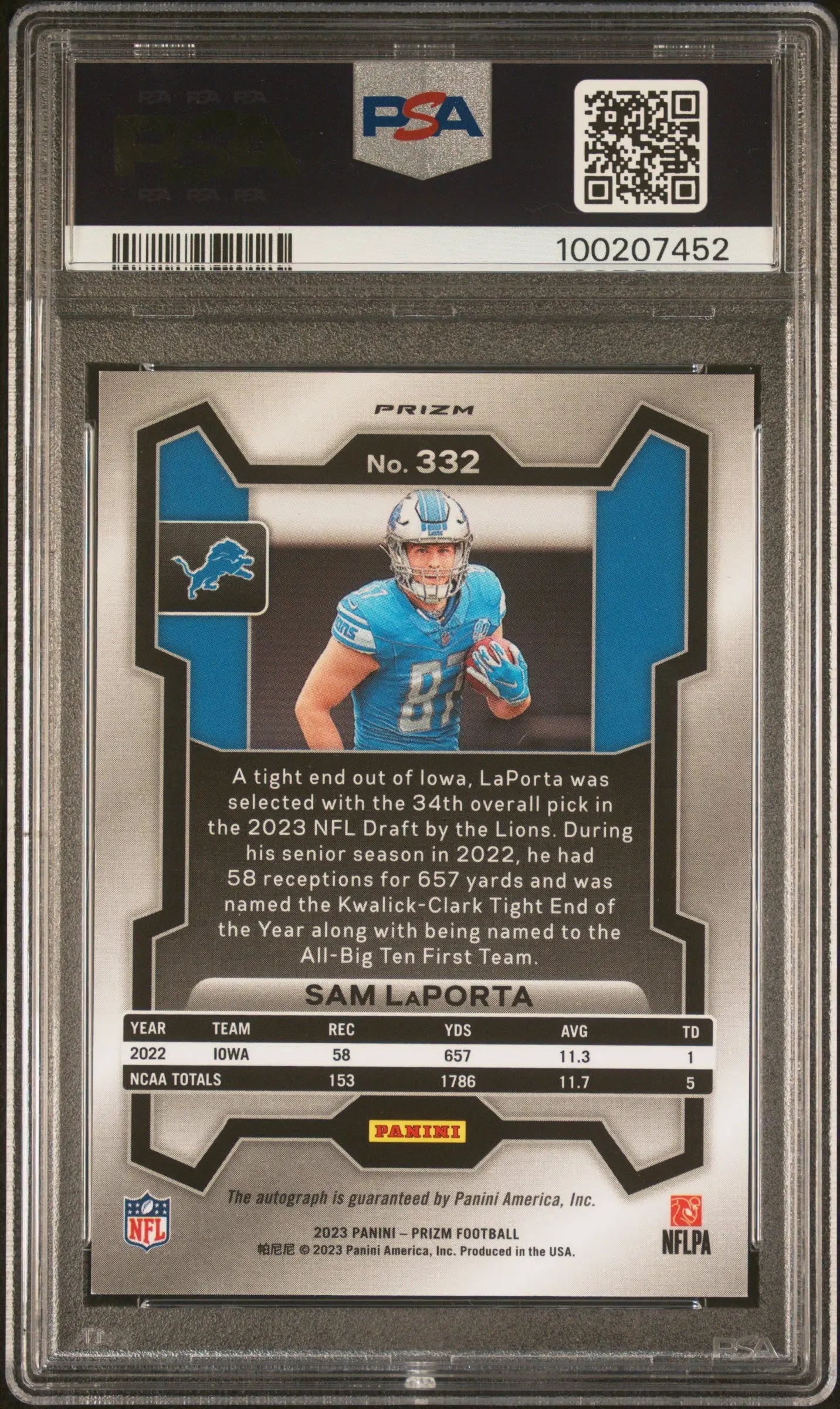 2023 Panini Prizm Sam LaPorta Rookie Card Silver Prizm Autograph PSA 9 - Football Collectible for Fans & Investors | Perfect for Display, Trading, and Memorabilia Collections