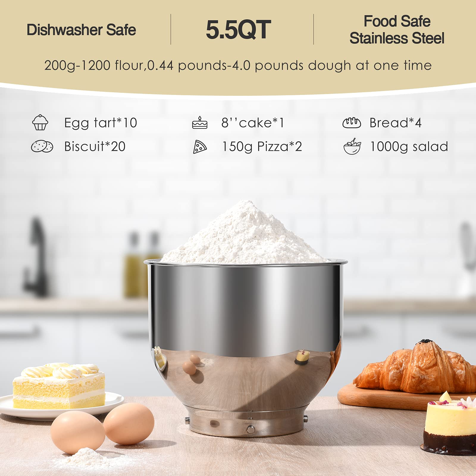 8-Speed 600W Die-Cast Stand Mixer - 5.5Qt Tilt-Head Kitchen Mixer with Stainless Steel Bowl, Dough Hook, Egg Whisk & Splash Guard - Perfect for Baking, Dough Kneading & Whipping Cream (Almond Cream Color)