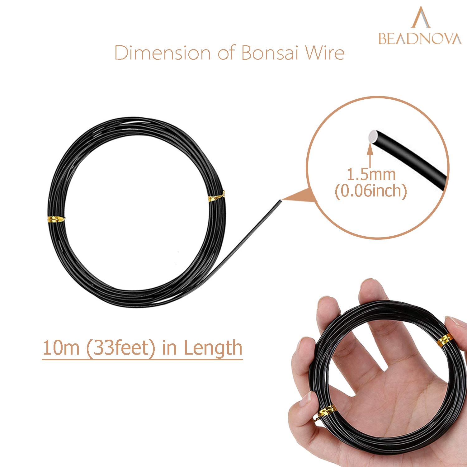 BEADNOVA 98ft Black Aluminum Bonsai Training Wire - 1.5mm Thick Plant Shaping Wire for Bonsai Trees (30m Roll) - Perfect for Styling, Pruning & Shaping Indoor/Outdoor Bonsai Plants