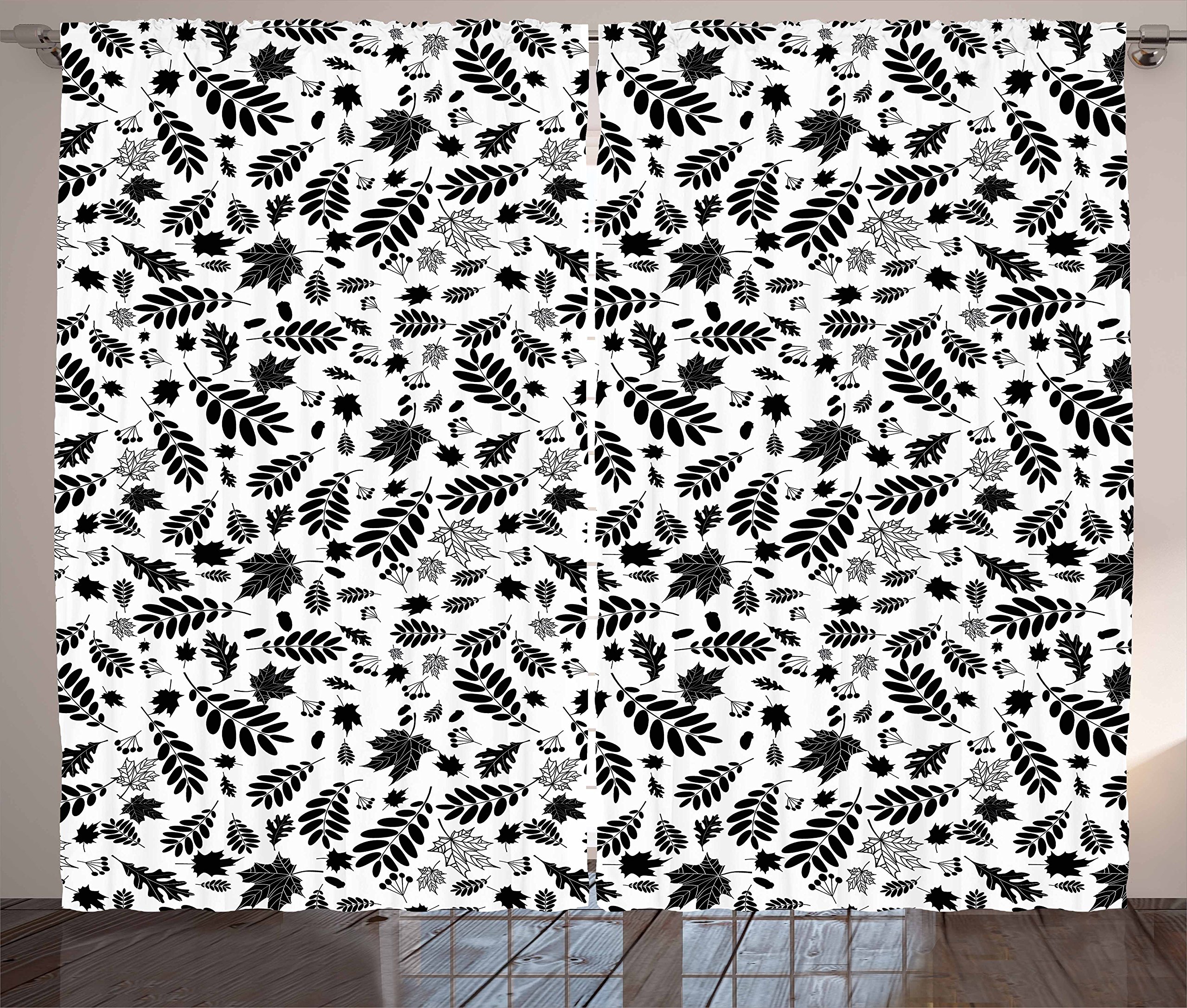 Ambesonne Black and White Leaves Curtains - Autumn Forest Themed Monochrome Tree Pattern Window Drapes for Living Room & Bedroom - 2 Panel Set (108