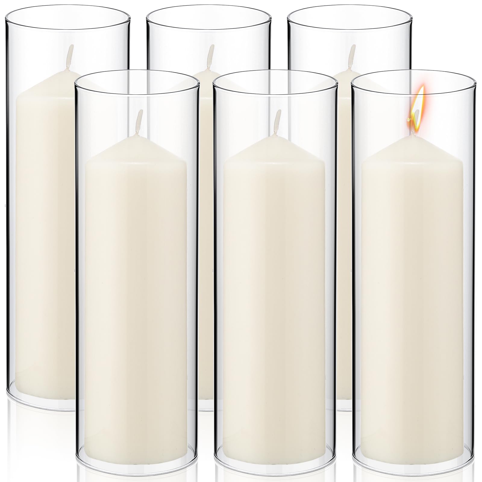 Yaomiao 6-Pack Clear Glass Hurricane Candle Holders with Unscented Pillar Candles - 2.5 x 8 Inch Open-Ended Cylinder Candle Sleeves for Wedding, Dining Table, Restaurant, and Home Decor