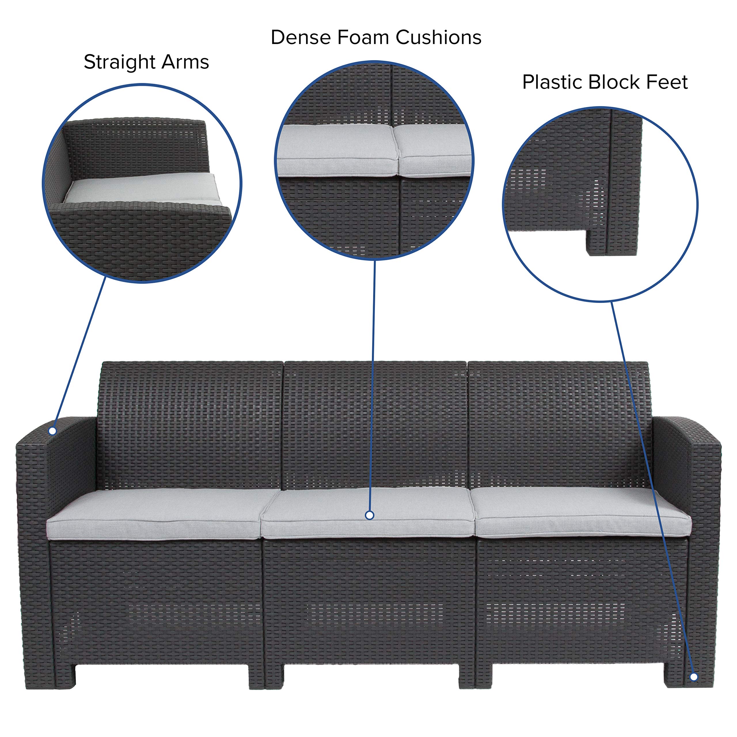 Dark Gray Faux Rattan Sofa with Light Gray Cushions - Modern Wicker Patio Furniture for Outdoor Living Room, Garden, Balcony & Porch