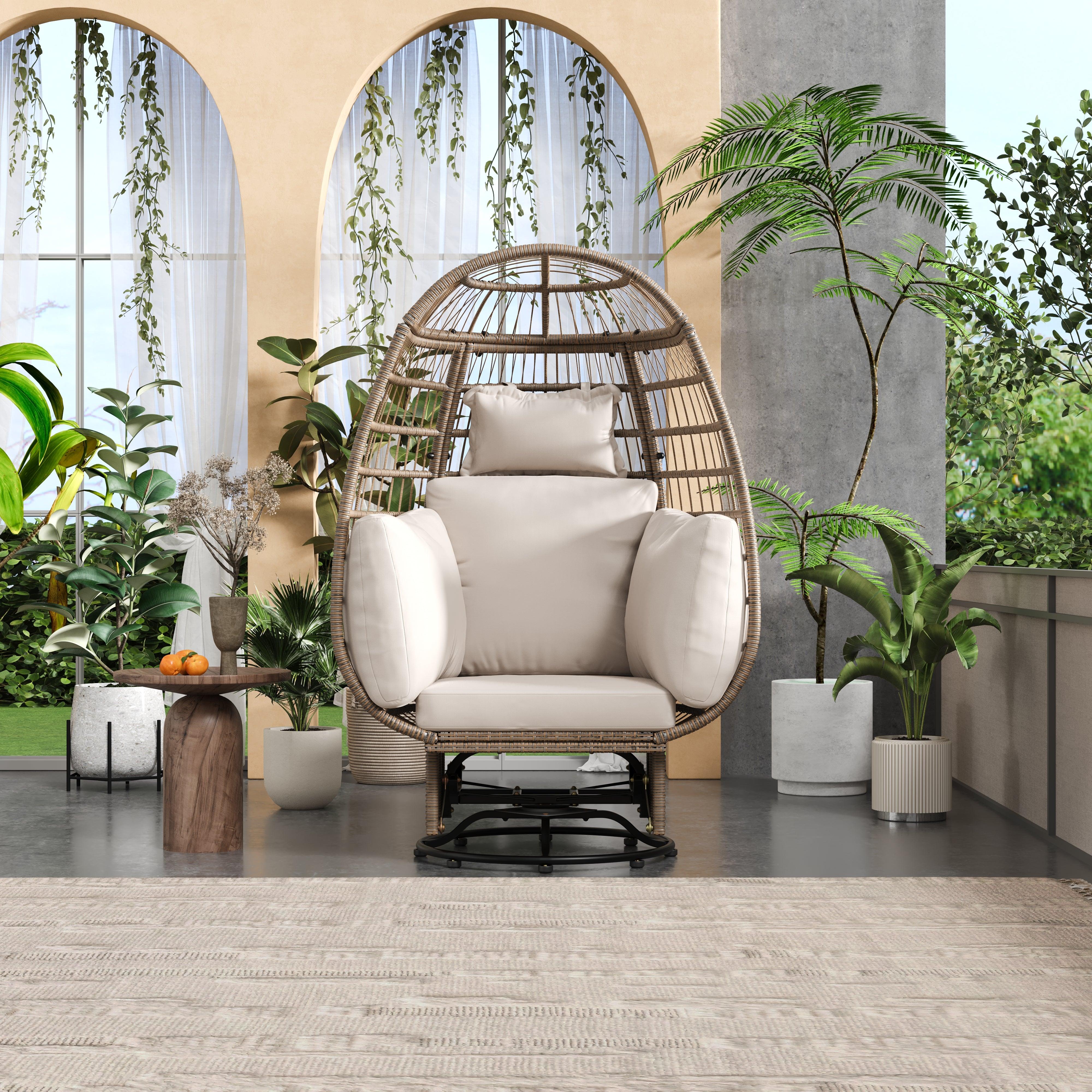 Outdoor Swivel Rocking Chair with Cushions - Rattan Egg Patio Chair for Balcony, Poolside, Garden - Perfect for Relaxing, Lounging & Sunbathing