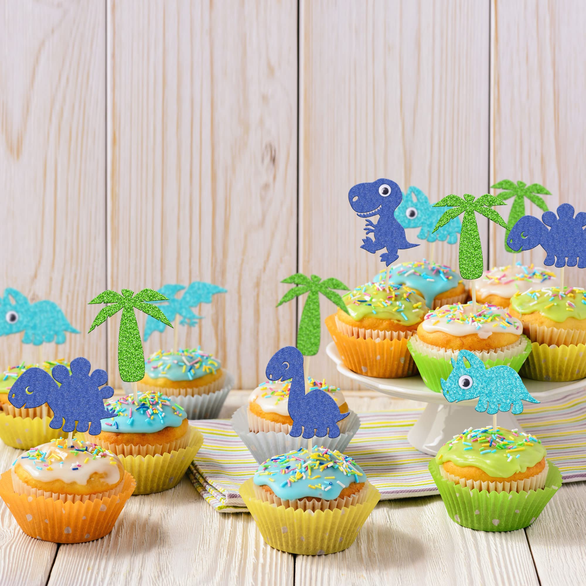 24Pcs Blue Glitter Dinosaur Cupcake Toppers - Cute Baby Shower & Birthday Party Decorations - Dinosaur Cake Toppers for Kids Birthday, Baby Shower, Dinosaur Theme Party Supplies (Perfect for Cake Decorating, Cupcake Picks, Party Favors)