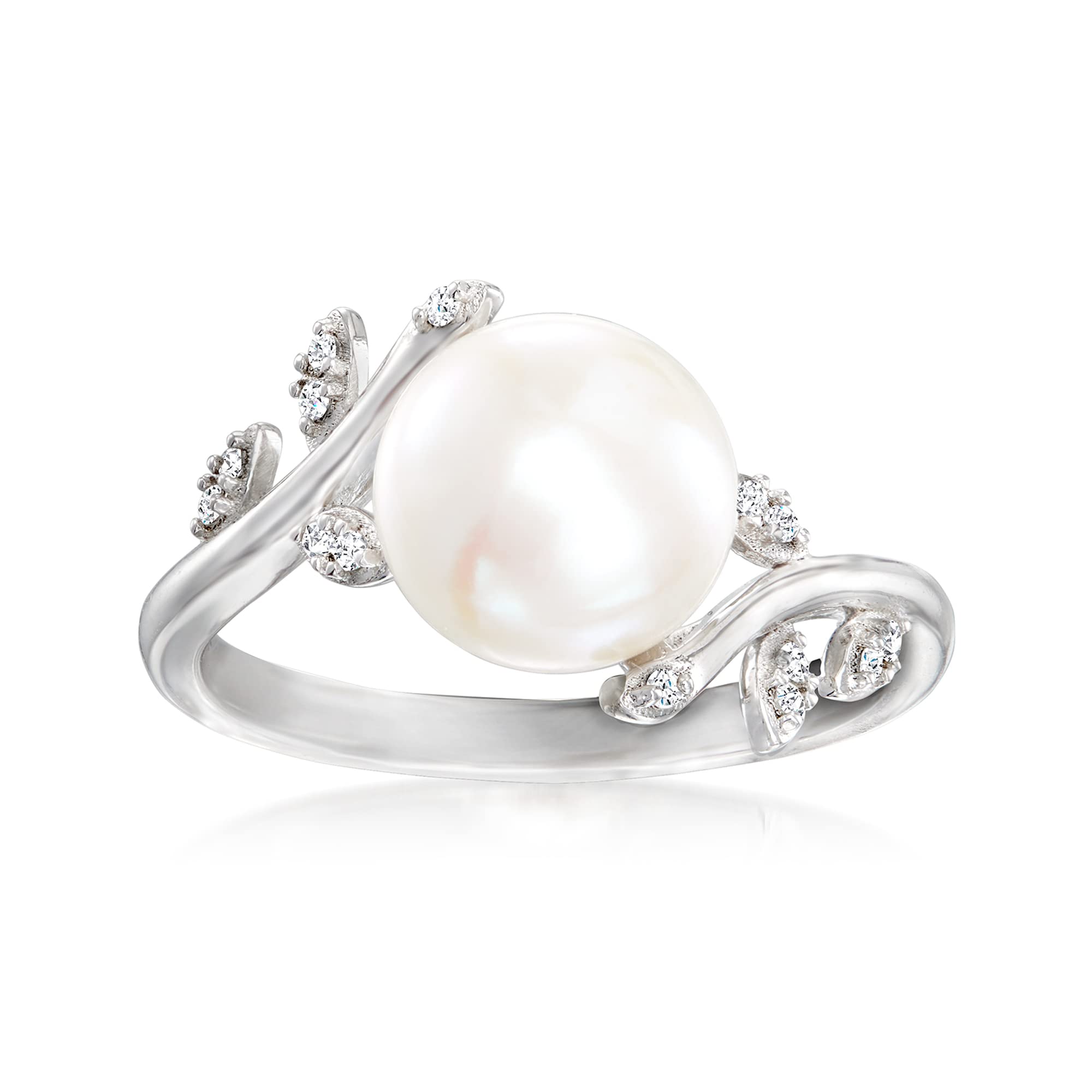 Ross-Simons Sterling Silver 9-9.5mm Cultured Pearl Vine Ring with Diamond Accents - Elegant Jewelry for Weddings, Anniversaries & Special Occasions