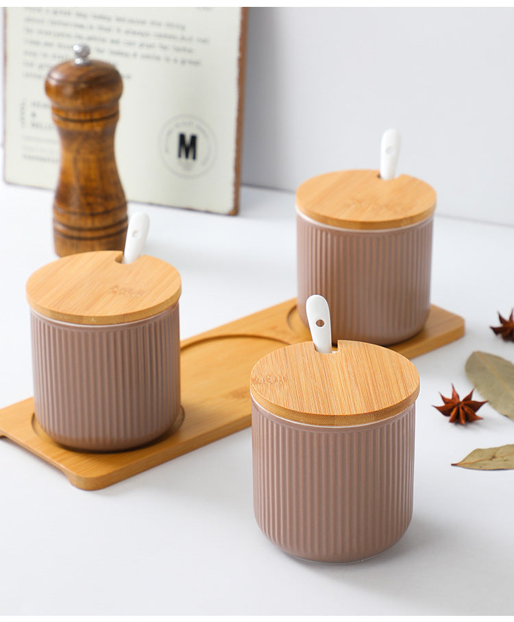 Nordic Style 3-Piece Condiments Pots Set with Wooden Tray - Ceramic Salt & Pepper Shakers, Spice Jars for Kitchen Countertop - Perfect for Dining Table, Coffee Bar, and Home Decor