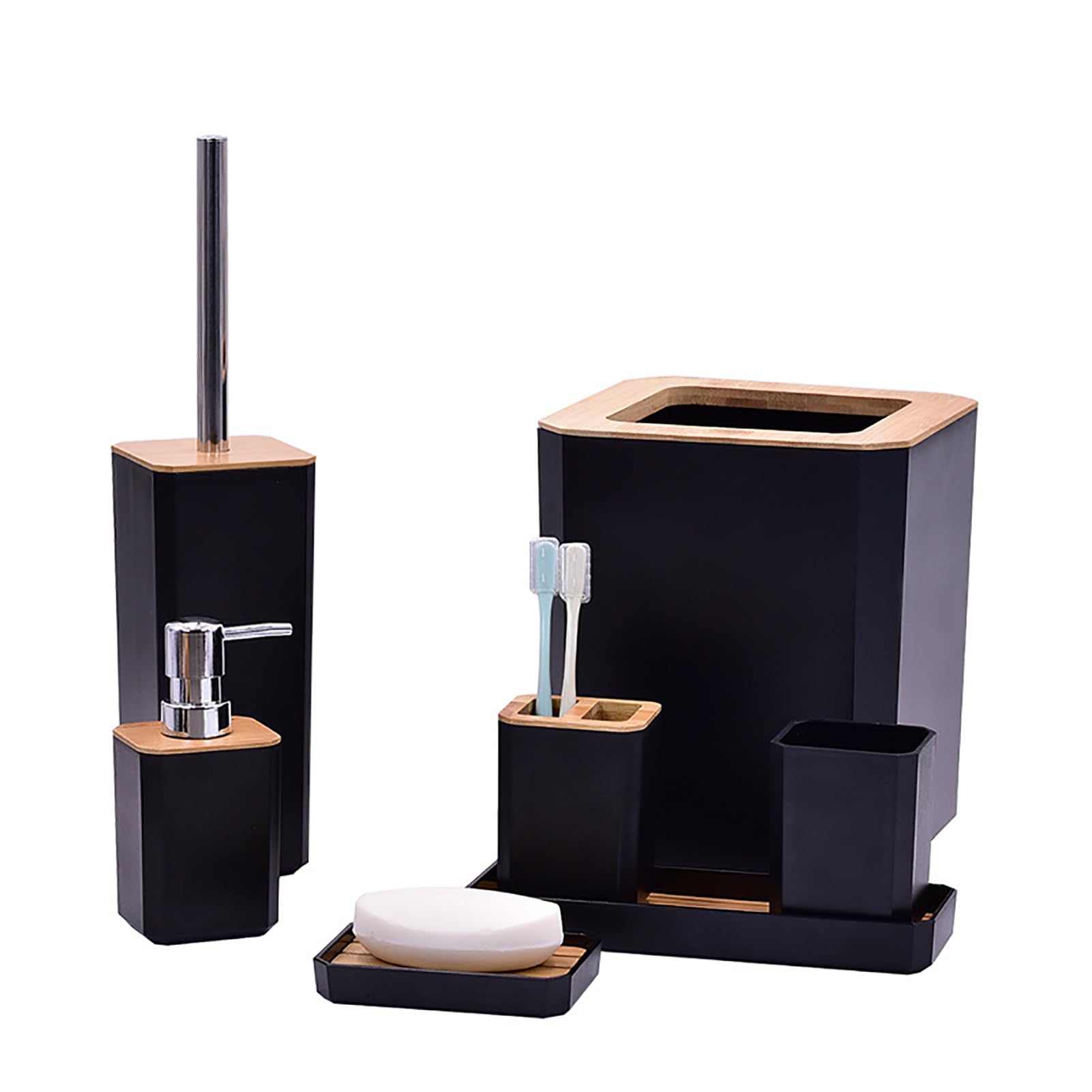 7-Piece Black Bamboo Bathroom Accessories Set - Toothbrush Holder, Soap Box, Trash Bin Kit - Eco-Friendly Bathroom Organizer for Home & Hotel Use (Black) | Perfect for Modern Bathrooms, Spas, and Guest Suites