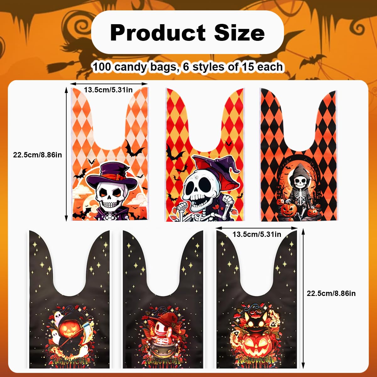 100Pcs Halloween Treat Bags - 6 Style Cute Rabbit Ear Plastic Candy Bags for Kids, Trick or Treat Party Favors & Goodie Gifts | Perfect for Halloween Parties, Classroom Treats & Neighborhood Trick-or-Treating