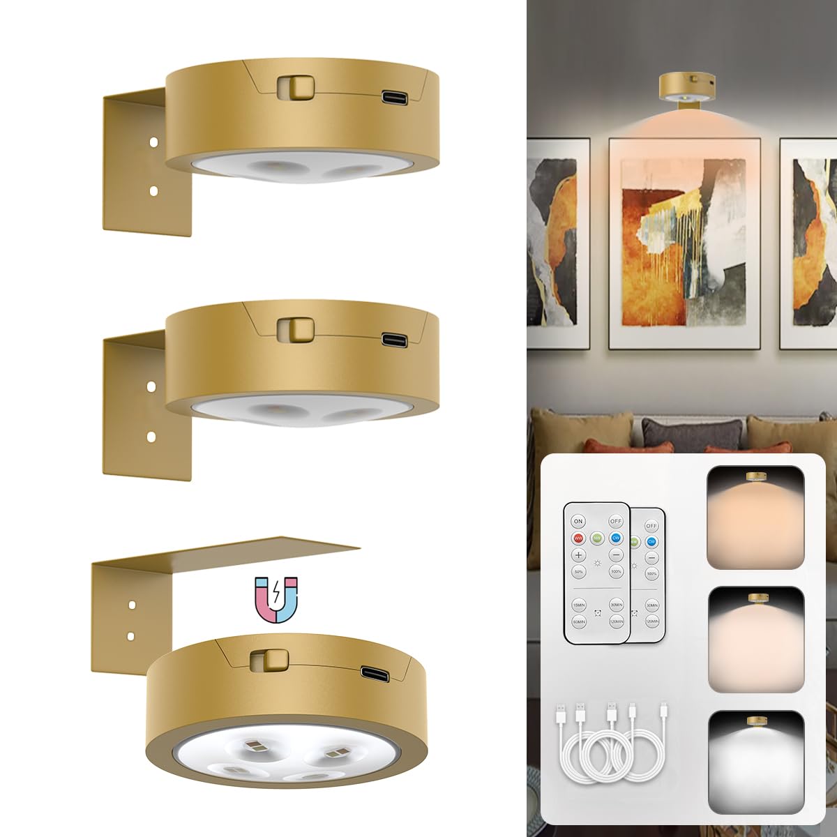 Rechargeable Battery Operated LED Picture Lights with Remote - Wireless Magnetic Art Lighting for Paintings & Wall Decor (Dimmable, Timer, Gold, 3 Pack) - Perfect for Gallery Display, Home Artwork & Picture Frame Illumination