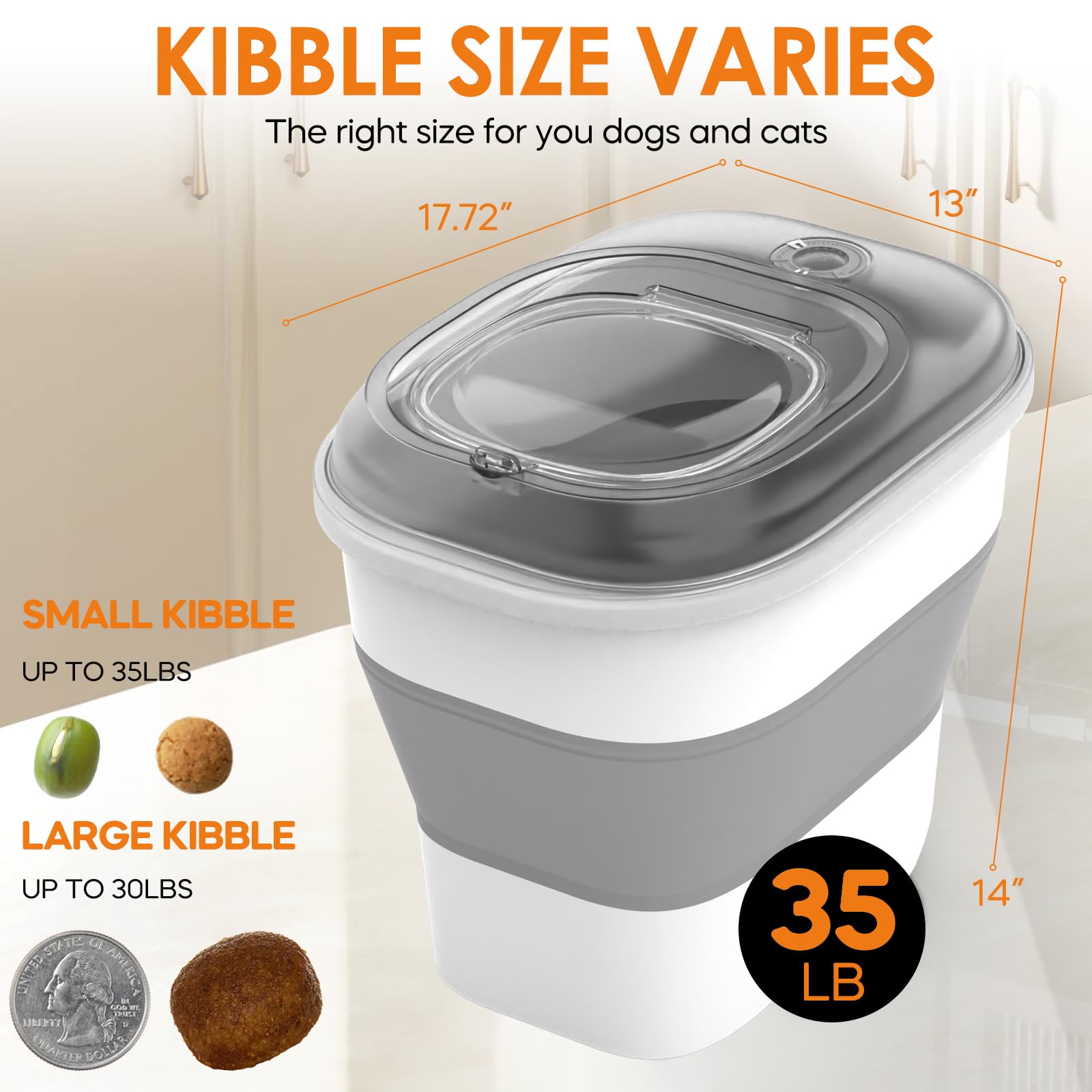 30-35Lbs Collapsible Dog Food Storage Container with Airtight Lid - Clear Pet Food Bin with Wheels, Date Tracker & Scoop - Perfect for Dry Kibble, Rice Storage & Bulk Pet Food Organization (35LB Capacity)