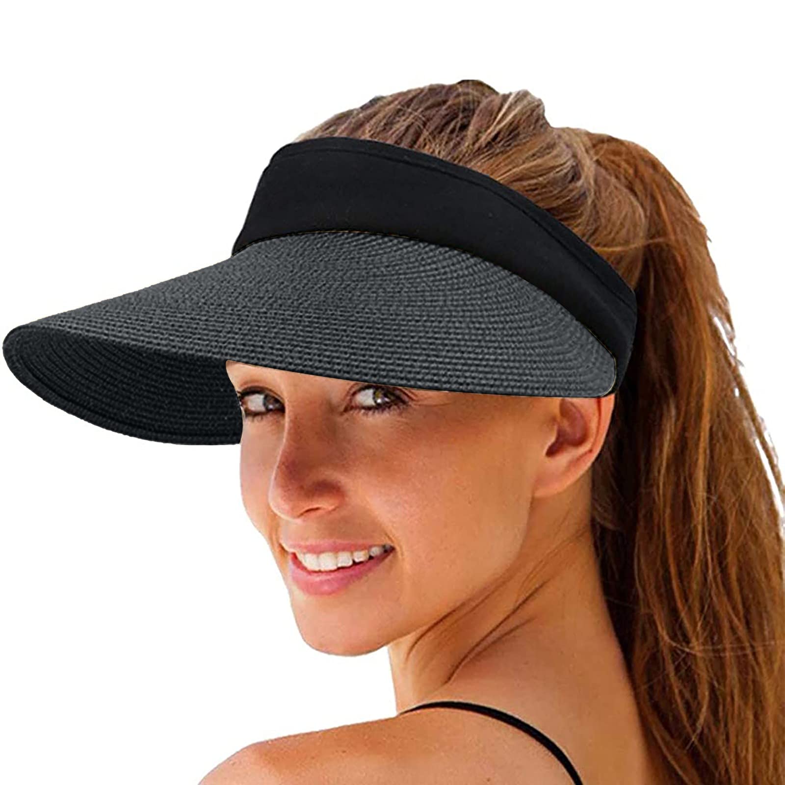 Women's UPF 50+ Wide Brim Straw Sun Hat - Foldable Roll-up Visor for Beach, Travel & Outdoor Activities - Fashionable Summer Sun Protection Accessory