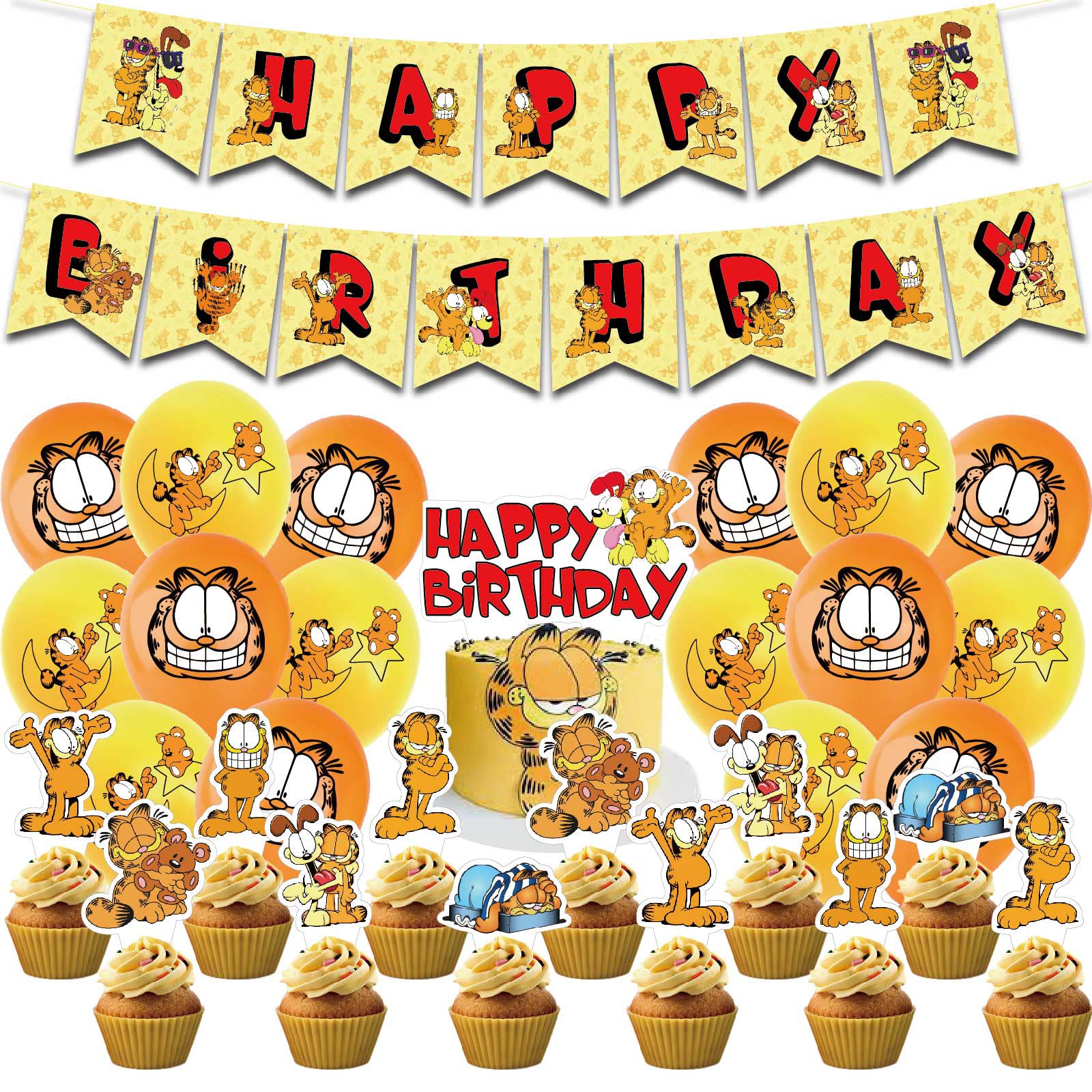 Garfield Party Decorations Set - Birthday Banner, Cake Topper, Cupcake Toppers & Balloons for Garfield Themed Parties | Perfect for Birthday Celebrations, Baby Showers & Comic-Themed Events