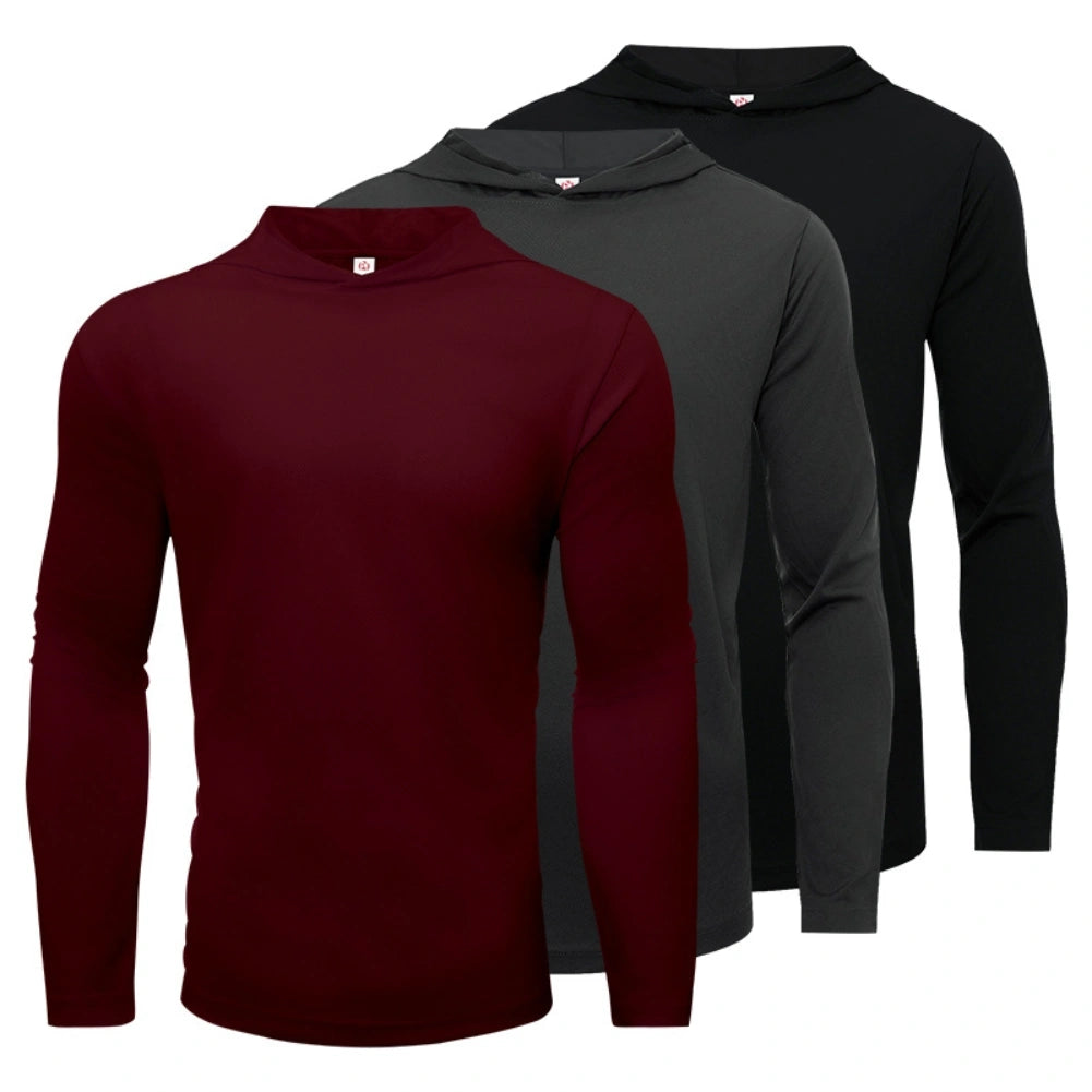 3 Pack Men's Performance Long Sleeve Hooded Shirts - Moisture Wicking, Breathable Workout Tops for Running, Gym & Outdoor Activities