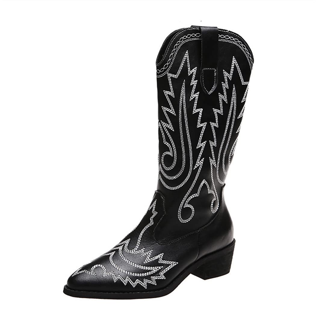 **Women's Cowboy Boots Wide Calf - White & Black Pointed Toe Embroidered Retro Western Boots for Country Wedding, Party, Riding, Travel & Casual Wear (US Size 3-11) | Perfect for Country Music Festivals & Rodeo Events**