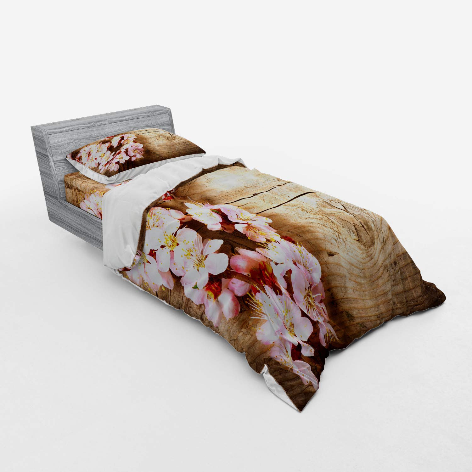 Ambesonne Floral Bedding Set - 3 Piece Duvet Cover with Sham & Fitted Sheet, Twin Size, Sand Brown & Pale Pink, Spring Blossom Orchard Design on Wooden Board - Perfect for Spring Bedroom Decor & Cozy Farmhouse Style
