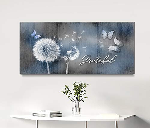 Grateful Dandelions Wall Art - Rustic Butterfly Decor for Bedroom - Sky Blue Dandelion & Butterfly Pictures for Wall Decor (60x27) - Perfect for Farmhouse, Boho & Cottage Style Home Decor