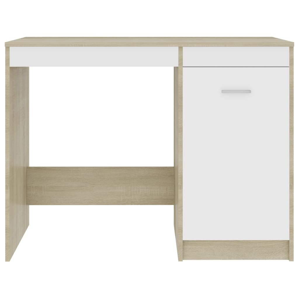 Modern White and Sonoma Oak Finish Sleek Desk - Engineered Wood Construction with Integrated Storage Cabinet - Scandinavian Design Home Office Desk (39.4”x19.7”x29.9”) - Perfect for Small Spaces, Work from Home & Study Rooms