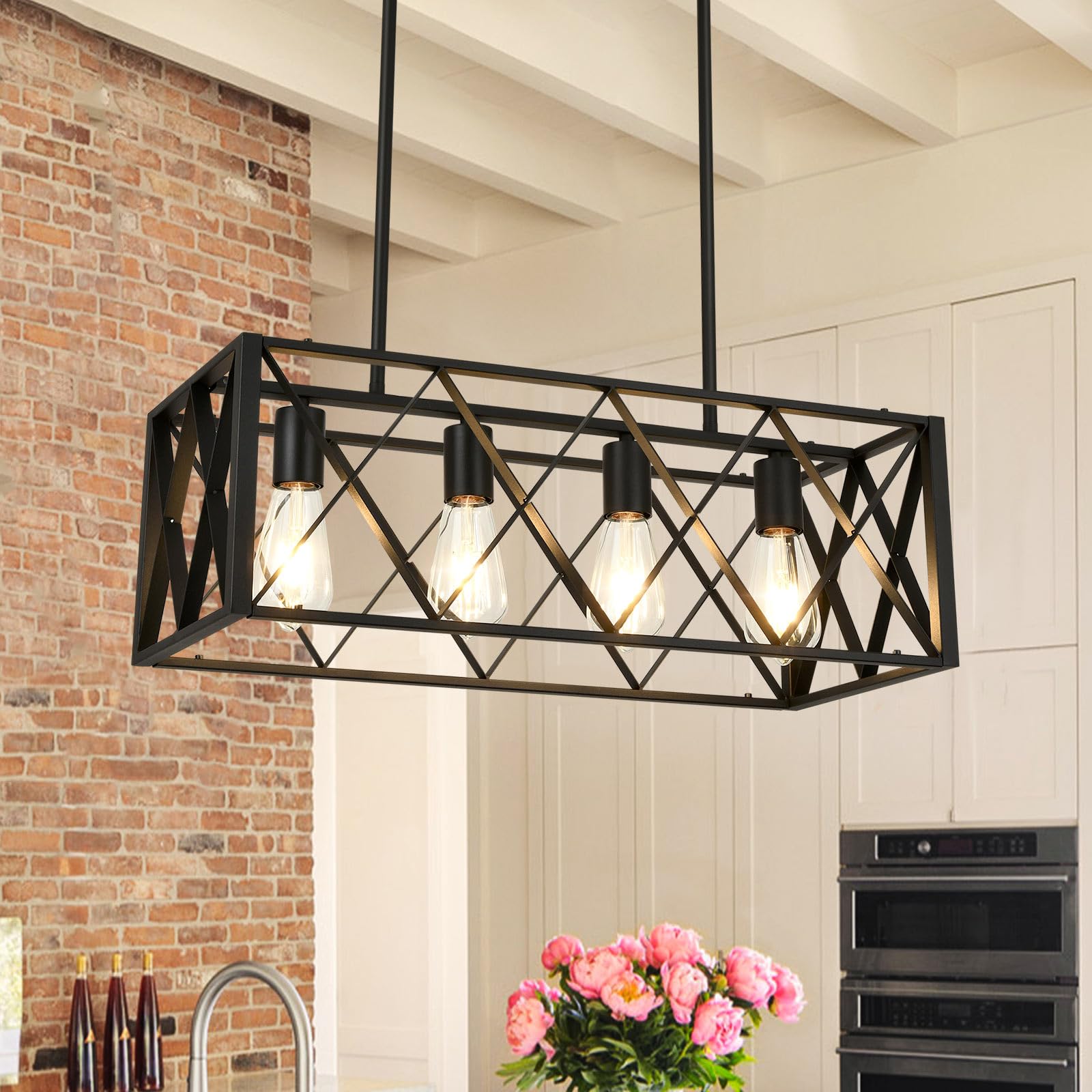 Black Farmhouse Chandelier - 4-Light Metal Industrial Linear Pendant Lighting for Kitchen Island, Dining Room & Living Room | Rustic Home Decor for Modern Farmhouse, Industrial Loft & Open Concept Spaces