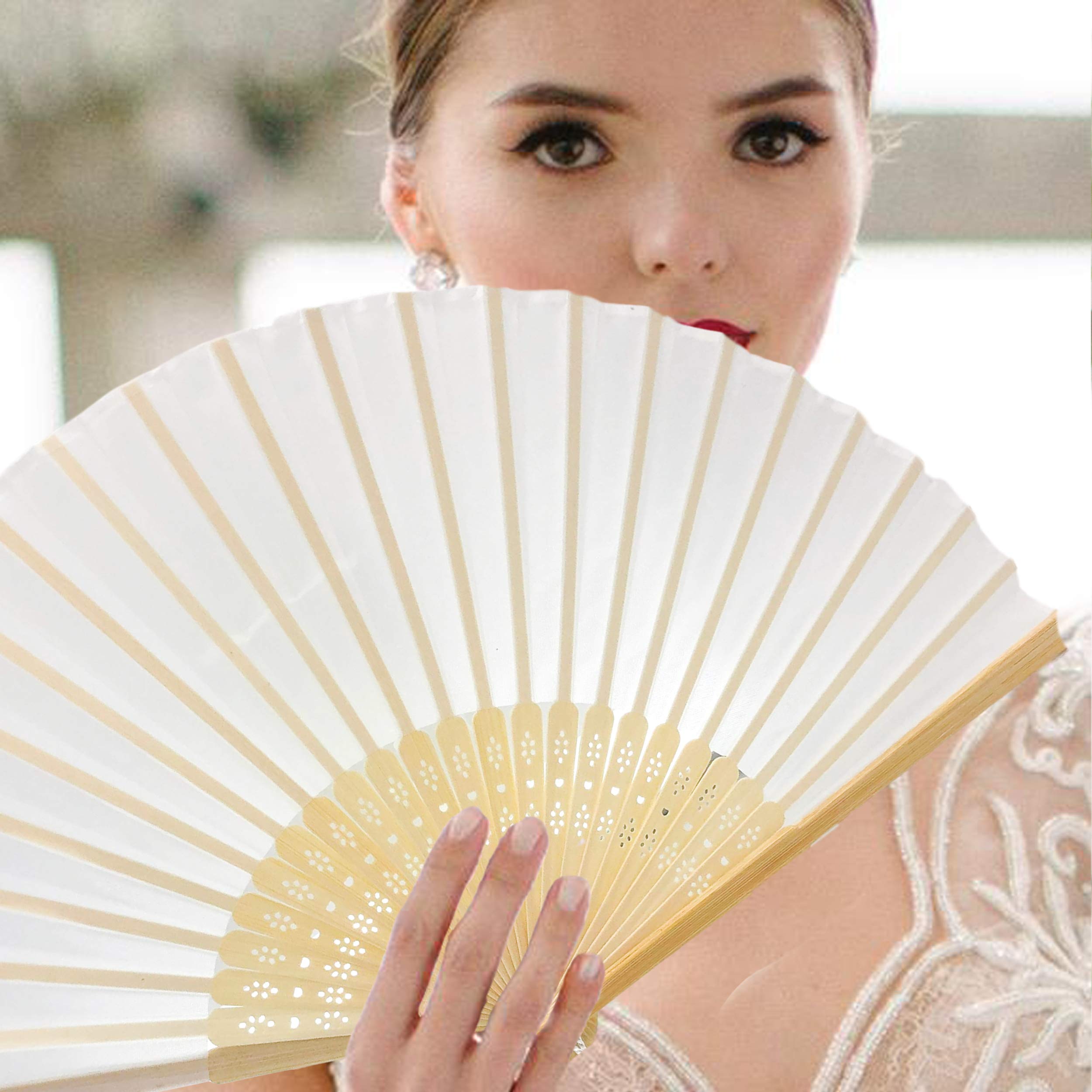 10 Pack Handheld Fabric Fans with Tassel - Premium Bamboo Ribs Wedding Party Favors, Summer Cooling Accessories for Outdoor Events, Bridal Showers & Beach Weddings (White)
