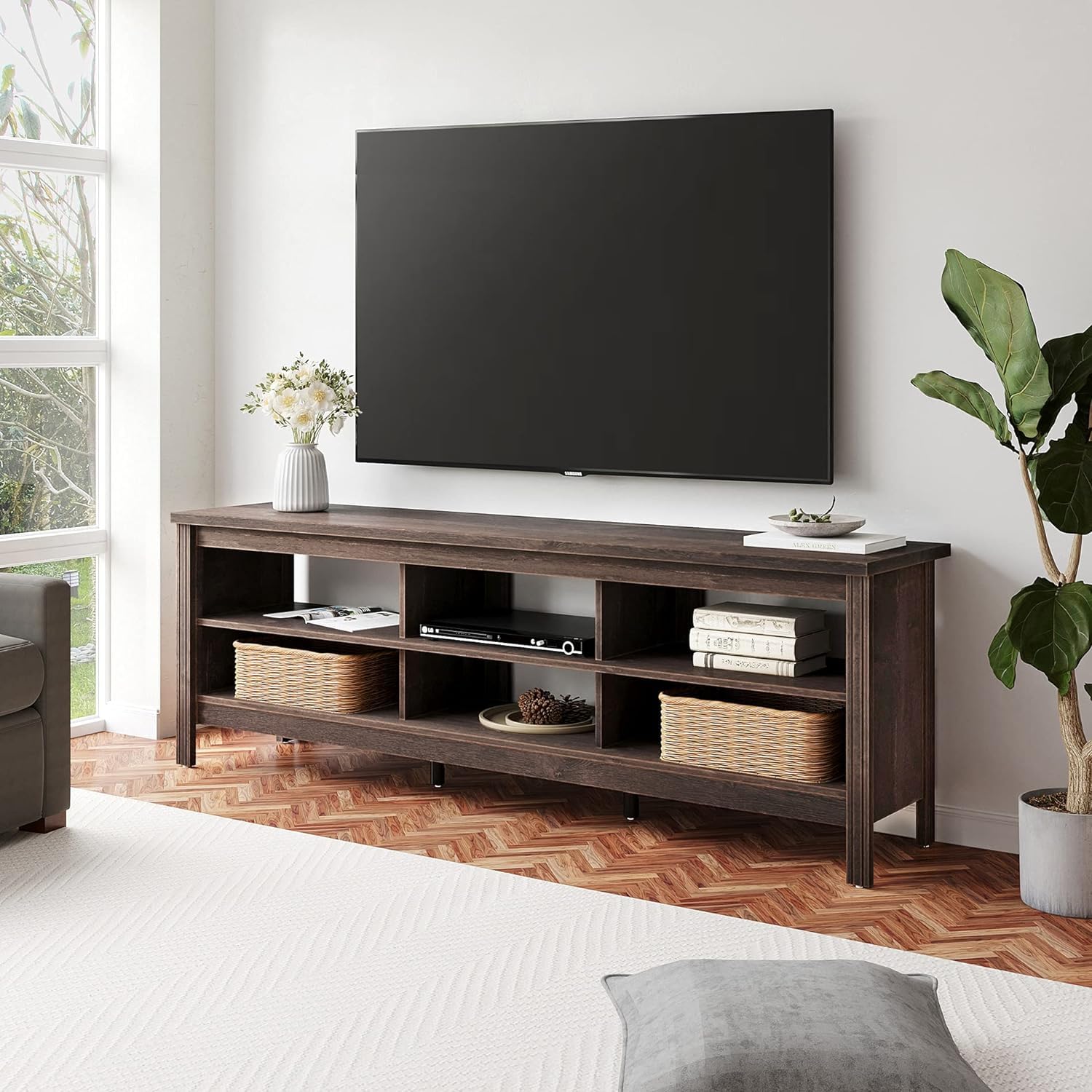 WAMPAT 70-75 Inch TV Stand Entertainment Center - Espresso Wood TV Console Table with 6 Storage Shelves for Living Room & Bedroom - Perfect for Home Theater Setup & Media Organization
