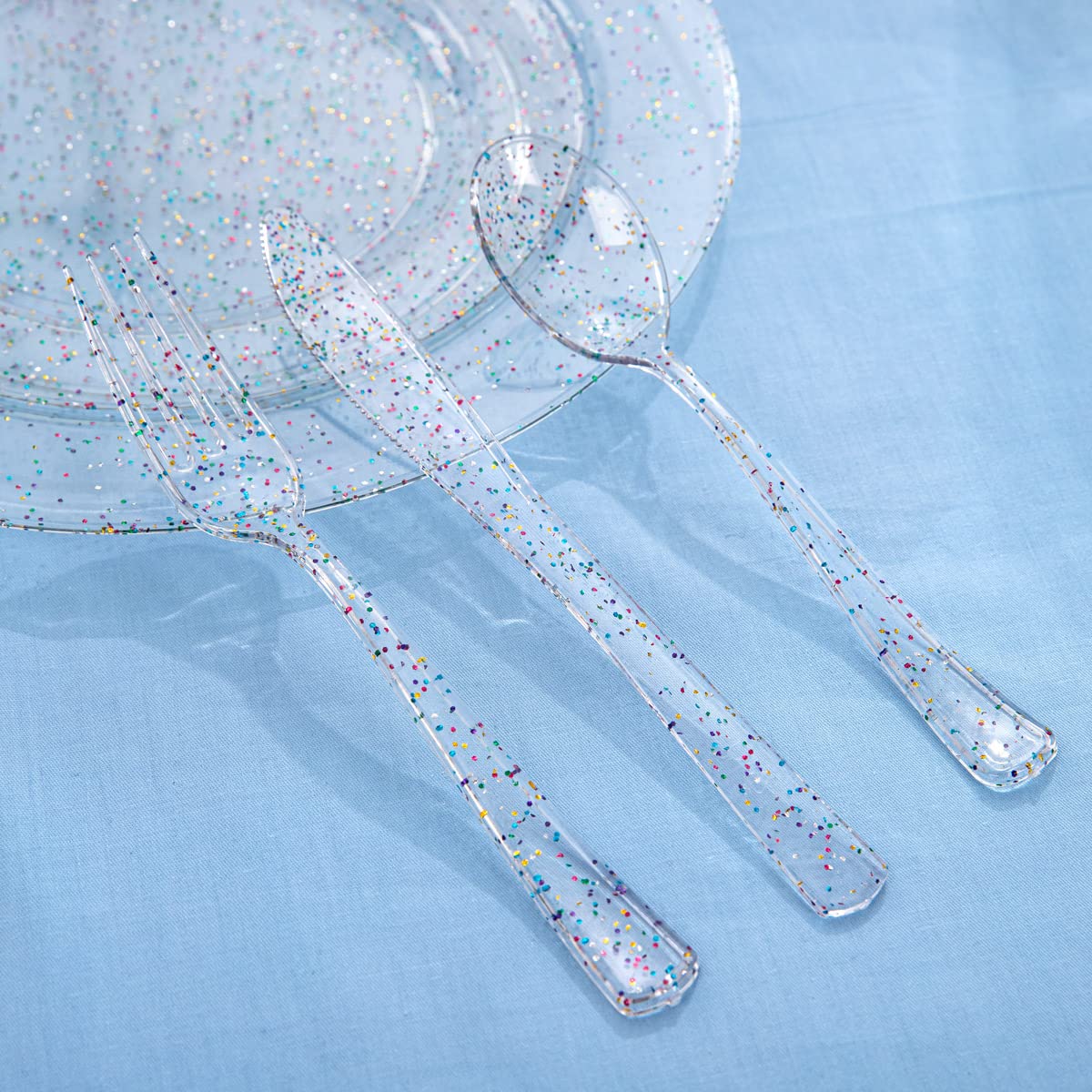 180-Piece Glitter Plastic Party Tableware Set - 30 Dinner Plates, 30 Dessert Plates, 90 Silverware & 30 Cups - Disposable Glitter Tableware for Birthday, Wedding, Baby Shower & Special Events