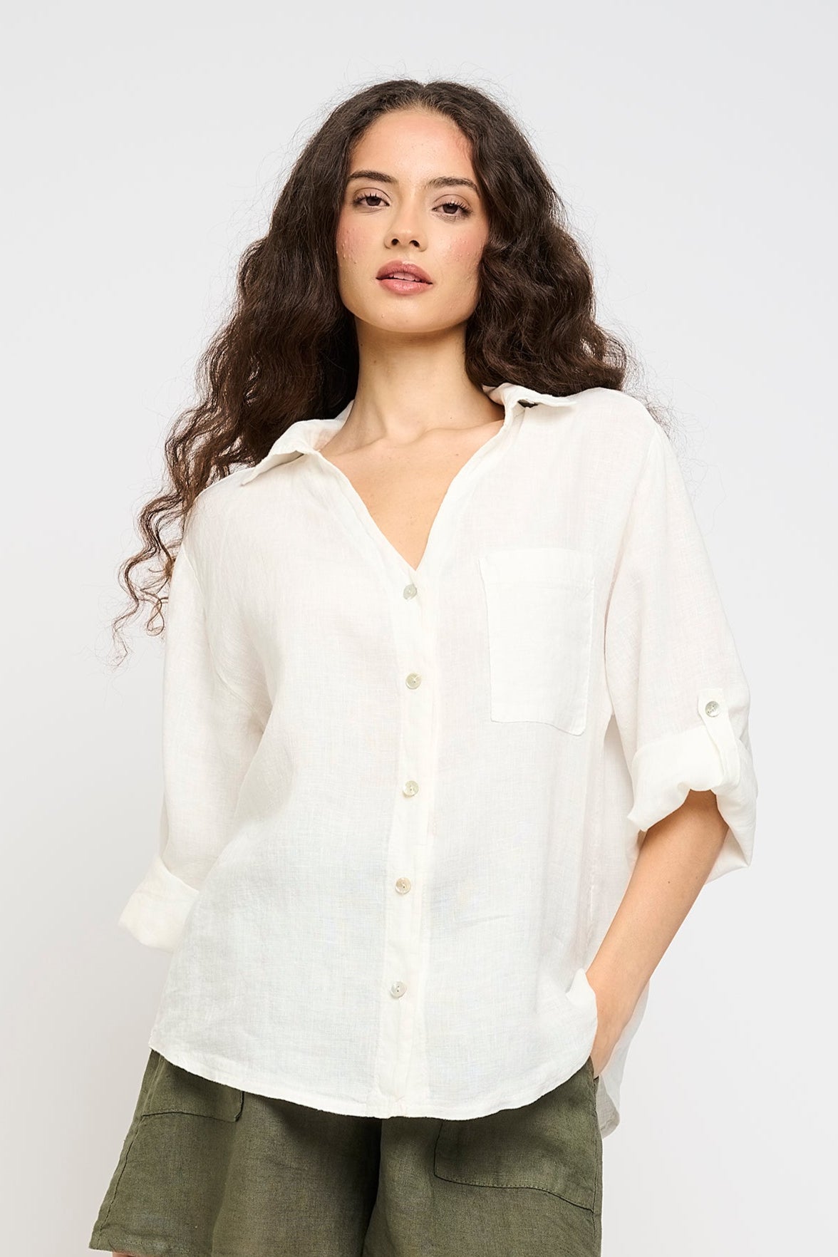 Women's V-Neck Linen Blouse with Pocket - Breathable Summer Tops for Work & Casual Outfits