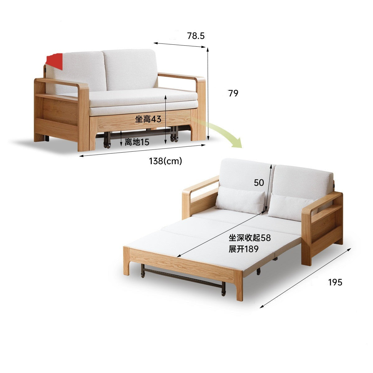Solid Wood Sleeper Sofa - Beech & Oak Multi-Functional Convertible Sofa Bed for Living Room, Guest Room & Small Spaces