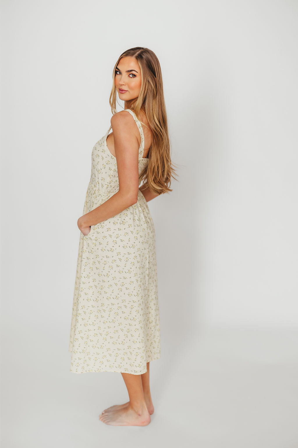 Tinsley 100% Cotton Floral Print Midi Dress - Cream - Women's Summer Casual Dress for Beach, Brunch & Outdoor Events
