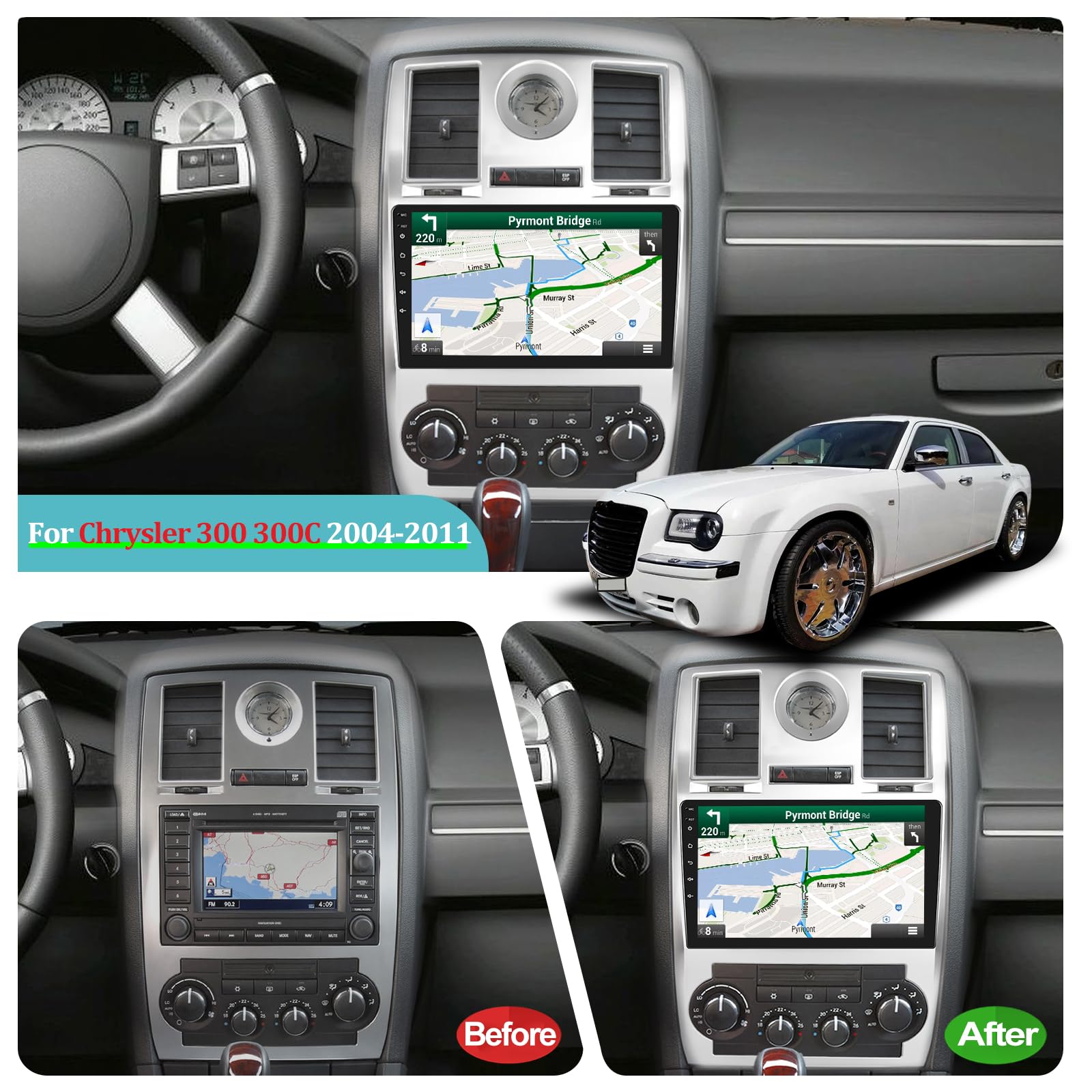 9 Inch Android Car Stereo for Chrysler 300C 300 (2004-2011) - Wireless Apple CarPlay & Android Auto, 2+32GB, Touchscreen Radio with DSP, GPS, WiFi & AHD Backup Camera - Perfect for Road Trips & Daily Commutes