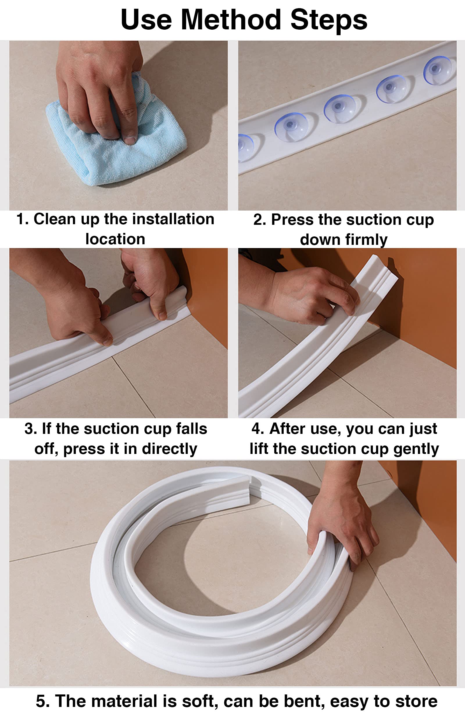 Collapsible Shower Threshold Water Dam - Suction Cup Shower Barrier & Retention System - 300cm Bathroom Water Blocker for Wet/Dry Separation - Non-Slip Floor Seal Strip - Perfect for Small Bathrooms, RV Showers & Pet Bath Areas