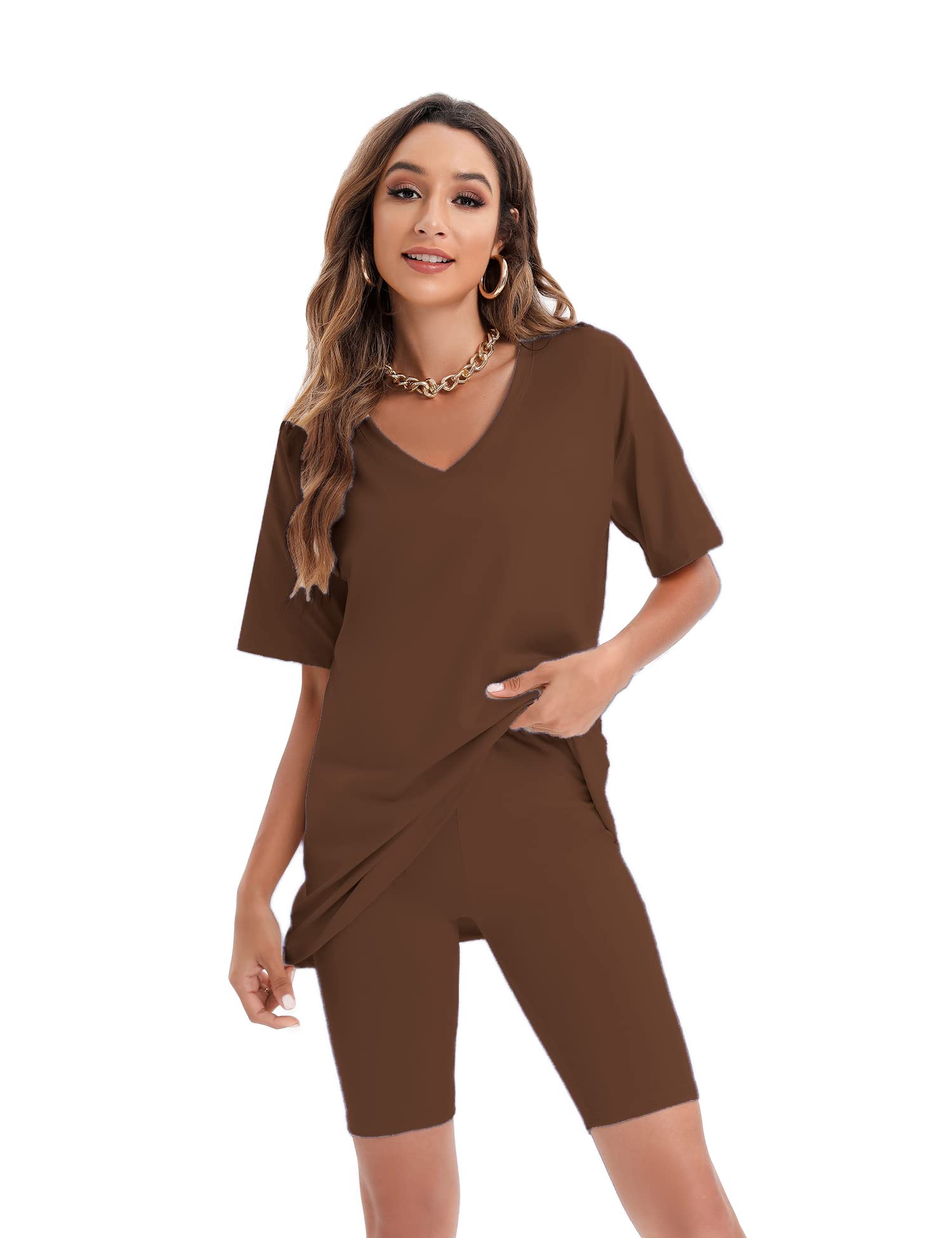 Youdiao Women's Summer Casual Two Piece Outfit - Oversized V-Neck T-Shirt & Biker Shorts Set | Lounge, Gym, Streetwear Fashion