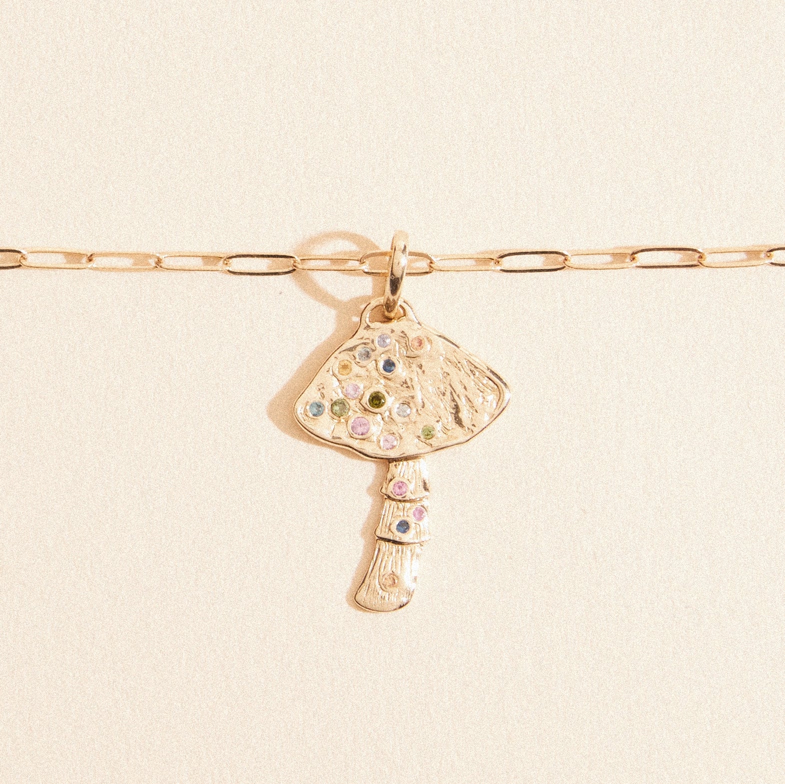 10K Yellow Gold Mushroom Charm with Multi Sapphire - Elegant Jewelry for Nature Lovers, Perfect for Necklaces, Bracelets & Boho Style Accessories