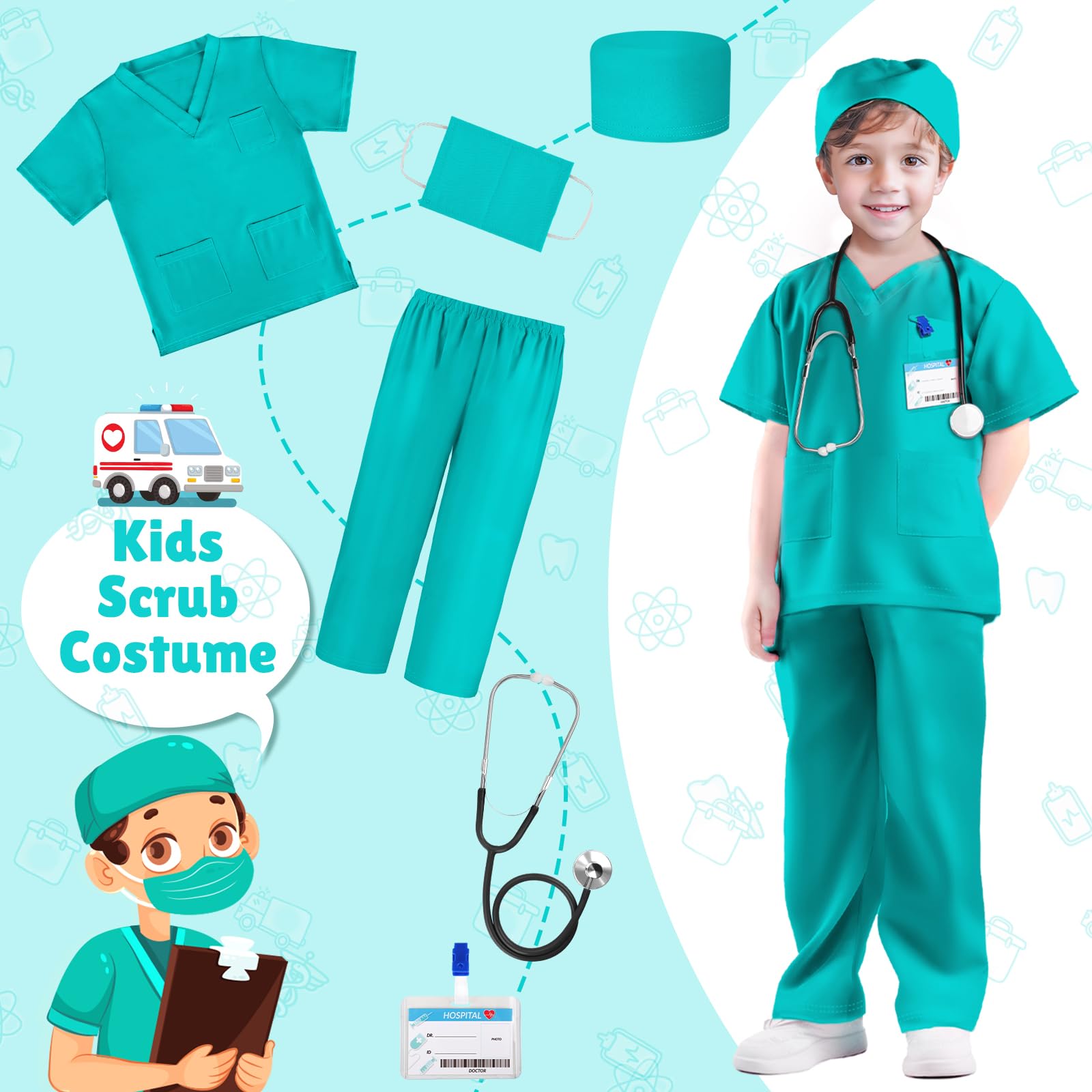 Kids Doctor Costume Set with Scrubs & Accessories - Halloween Dress Up for Toddlers & Children - Perfect for Role Play, Halloween Parties & Pretend Play