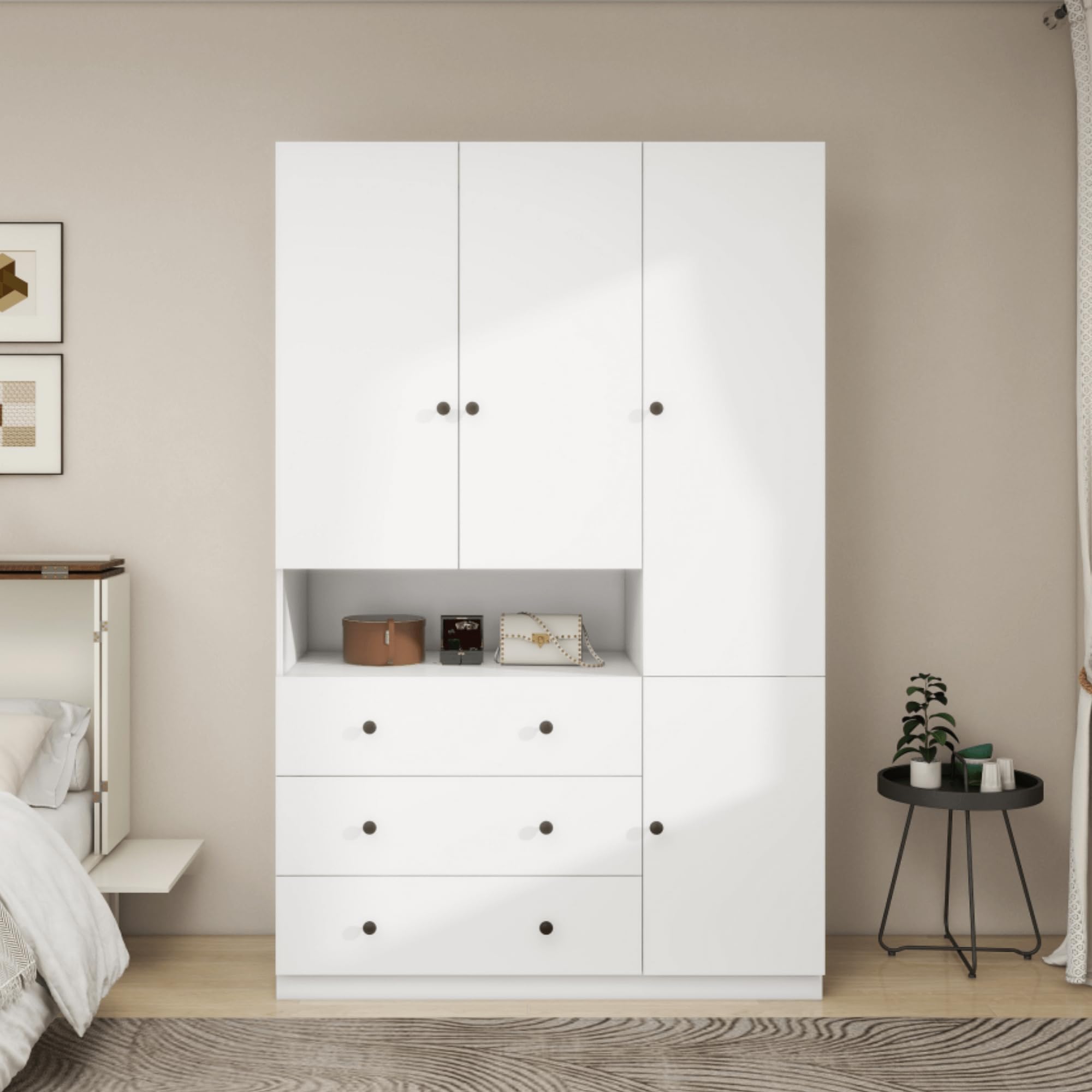 White Wooden Wardrobe Closet Armoire with Hanging Rod & Shelves - Spacious Storage Cabinet for Bedroom, Clothes Organization & Home Decor