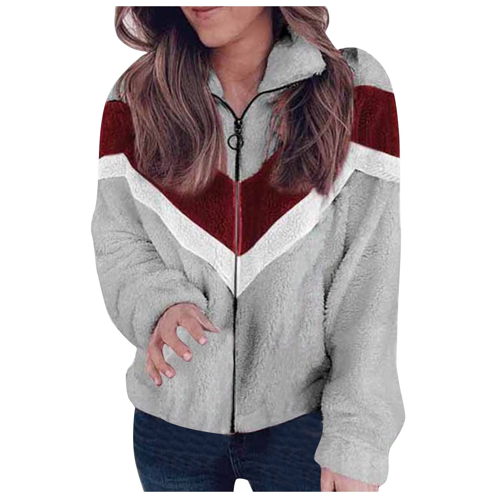 Women's Sherpa Jacket - Cozy Patchwork Zip Up Fleece Cardigan with Long Sleeves | Warm Winter Outerwear for Casual Outings & Outdoor Activities
