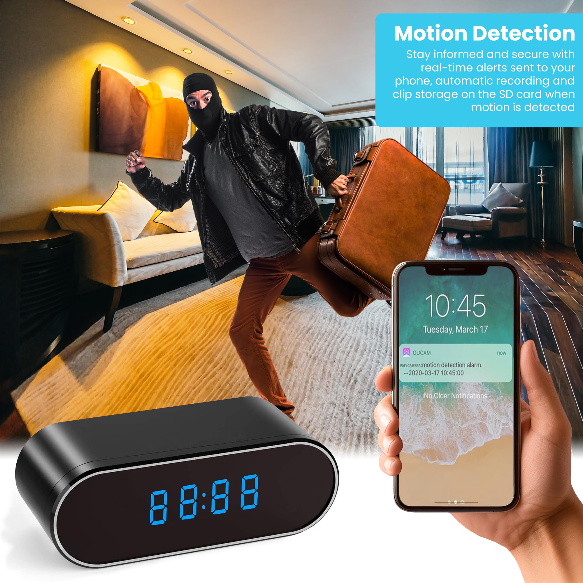 WiFi Hidden Spy Camera Clock - Wireless Security Camera with Night Vision, Motion Detection & App Control | Free SD Card Included | Wide Angle for Home, Office, Nanny & Indoor Surveillance | Discreet Monitoring Solution