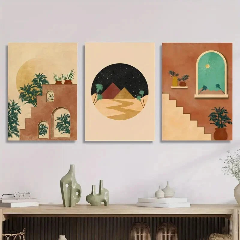 3-Piece Abstract Cityscape Metal Wall Art - Moroccan Burnt Orange - Ready to Hang Prints - Perfect for Living Room, Bedroom & Office Decor
