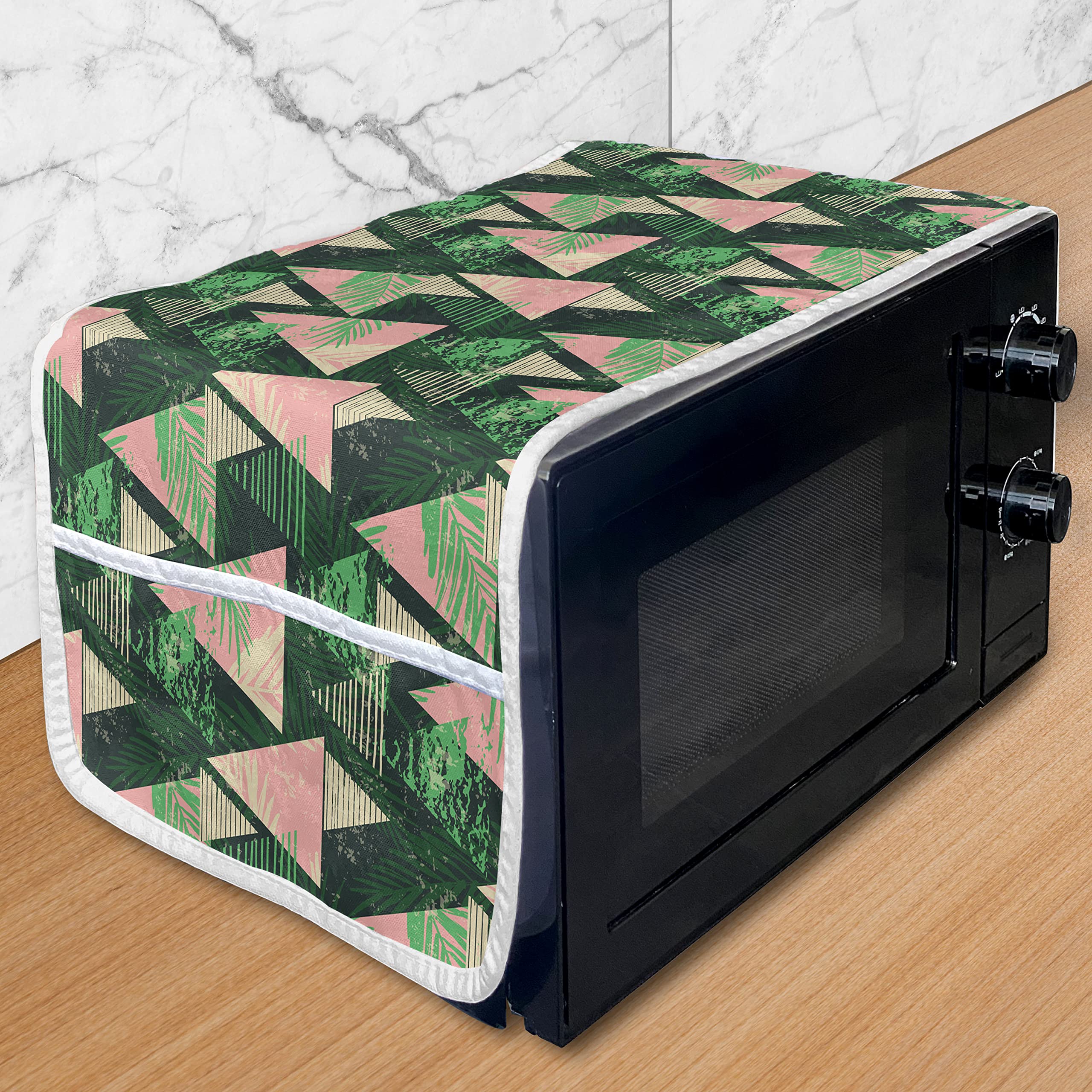 Ambesonne Waterproof Microwave Cover with Pockets - Grunge Triangles, Murky Leaves & Stripes Design - 36