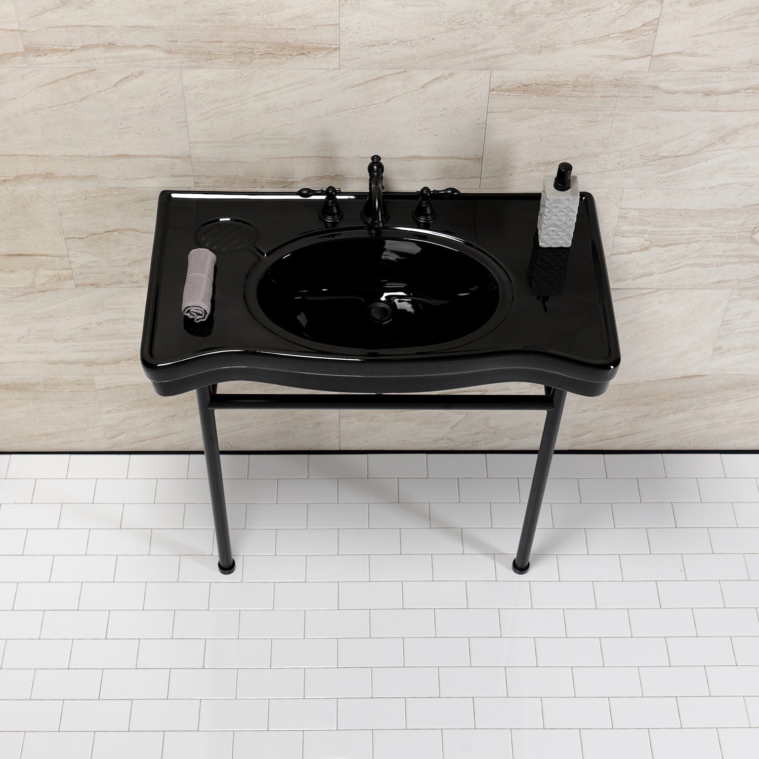 Bristol VPB28140W80K 36 Inch Black Ceramic Bathroom Sink with Stainless Steel Legs - 8 Inch 3-Hole Faucet, Matte Black Finish for Modern Vanity & Powder Room