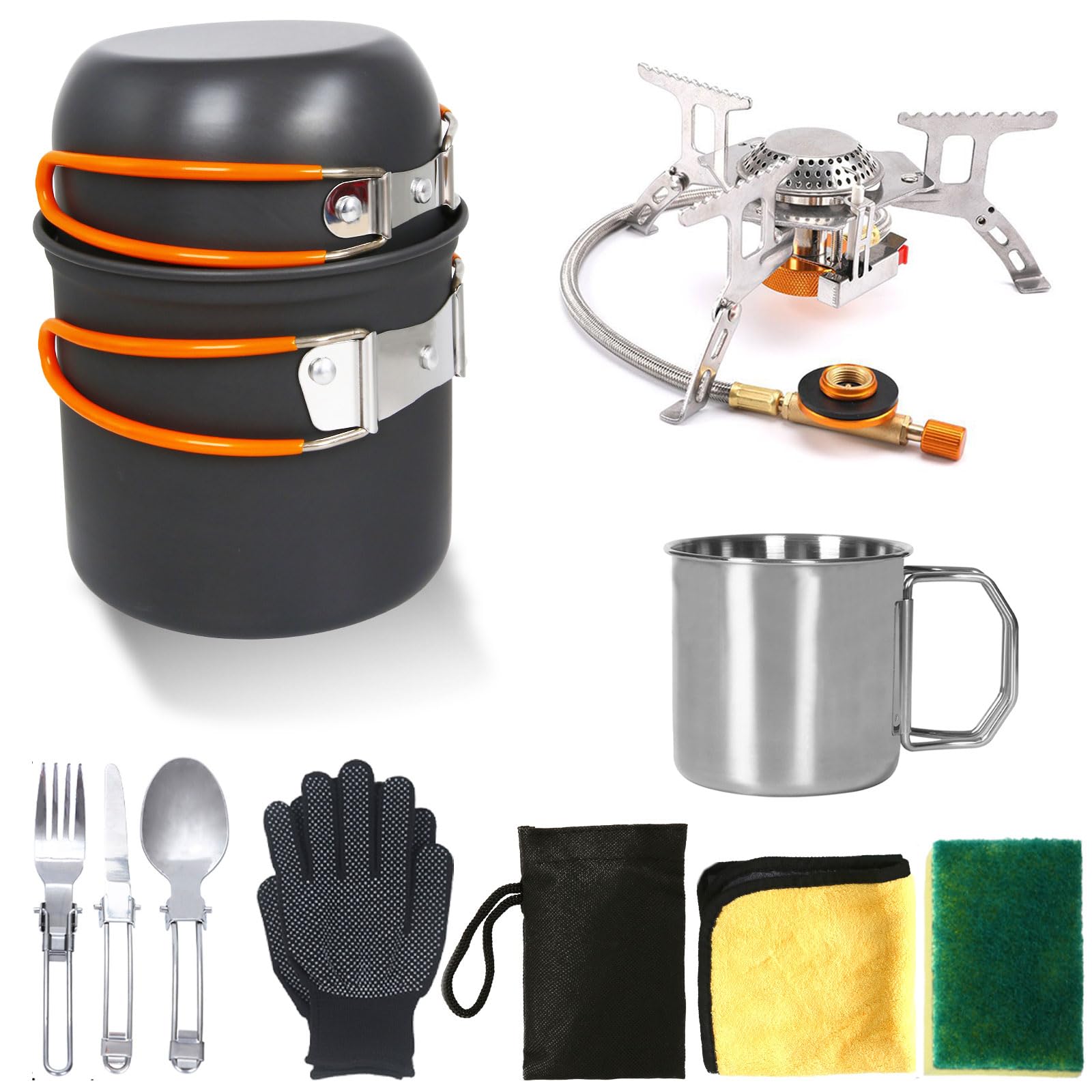 **Portable Camping Mess Kit - Lightweight Backpacking Cooking Set with Pot, Stove, Cup, Utensils & Cleaning Tools for Hiking, Picnic & Outdoor Adventures**
