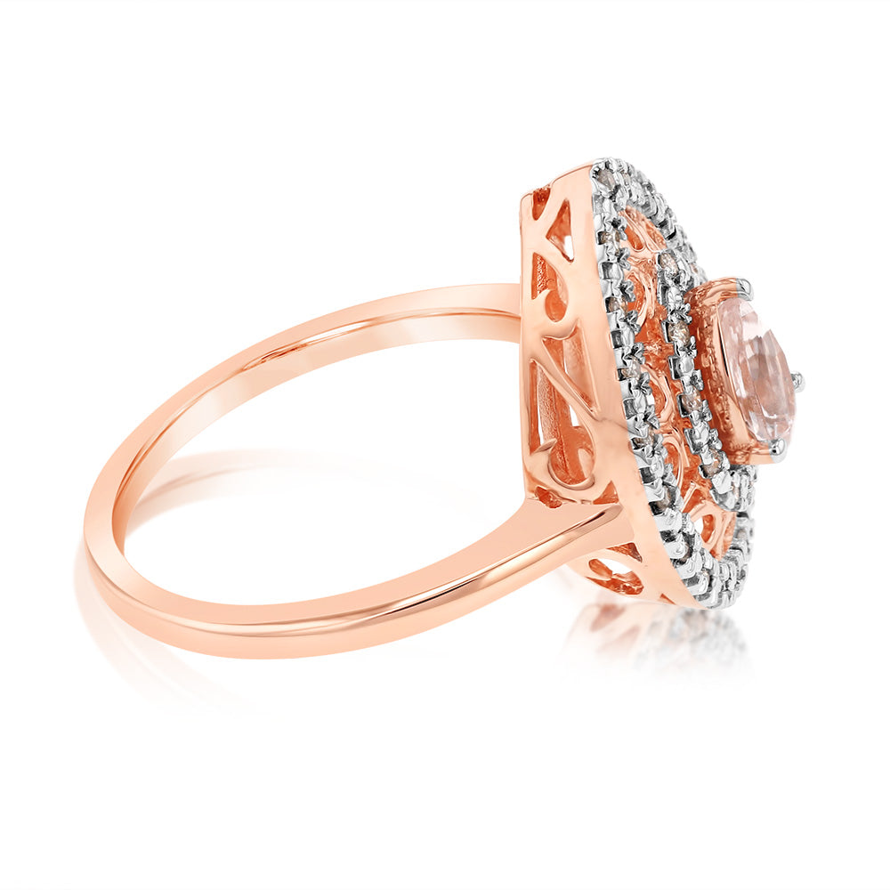 9ct Rose Gold Diamond & Oval Natural Morganite Pear Ring – Elegant Engagement, Wedding, or Anniversary Jewelry Gift for Her