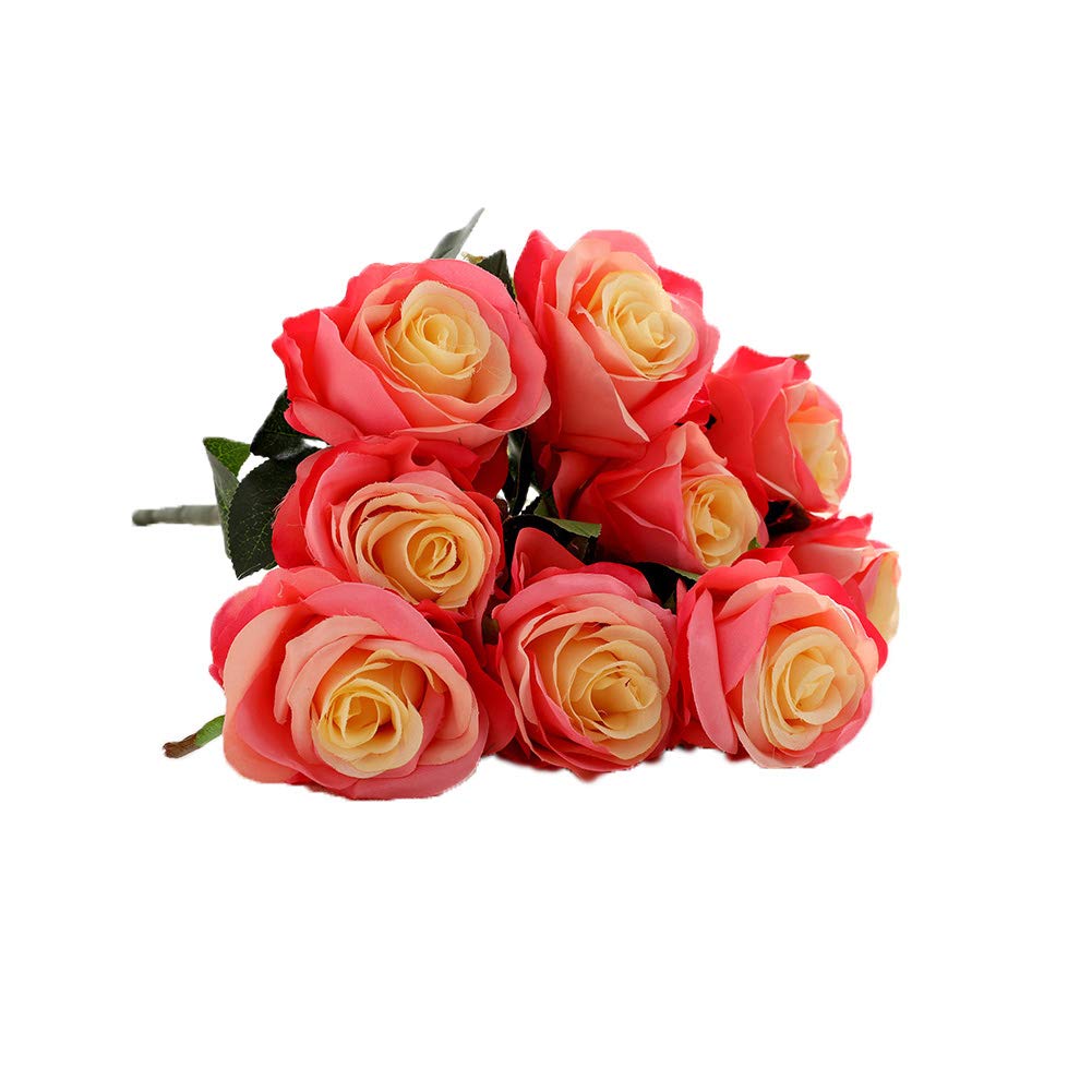 SHLUTESOY Artificial 9 Heads Rose Flower Bouquet - Realistic Bridal Wedding Bouquet, Party Centerpiece, Home & Office Desk Decor with Vivid Rose-Red Color (Non-Fading) - Perfect for Weddings, Anniversaries, Romantic Gifts & Home Decoration